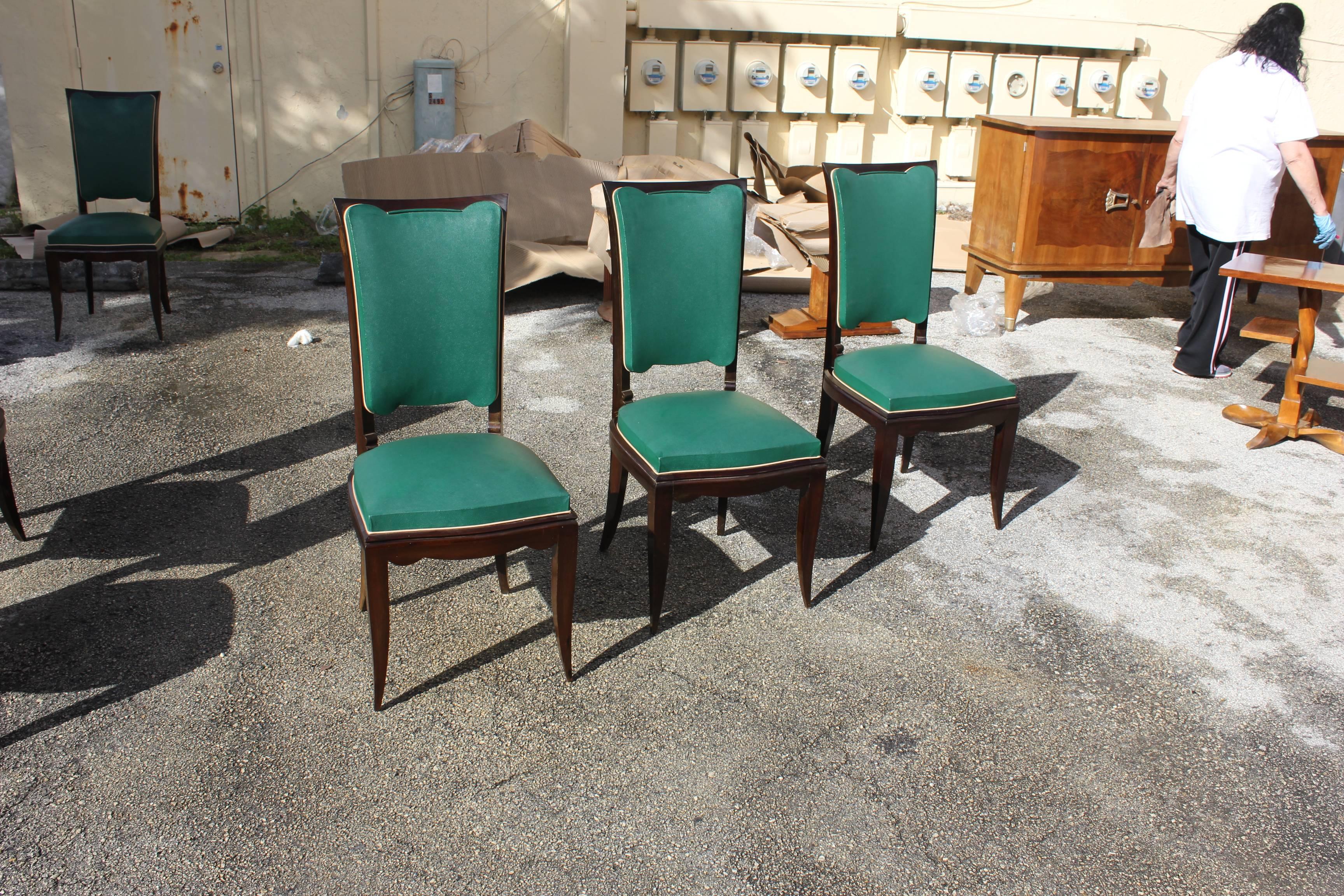 Suite of six French Art Deco dining chairs style of Jules Leleu, solid mahogany, beautiful chairs. Reupholstery recommended, circa 1940 from France, Paris.