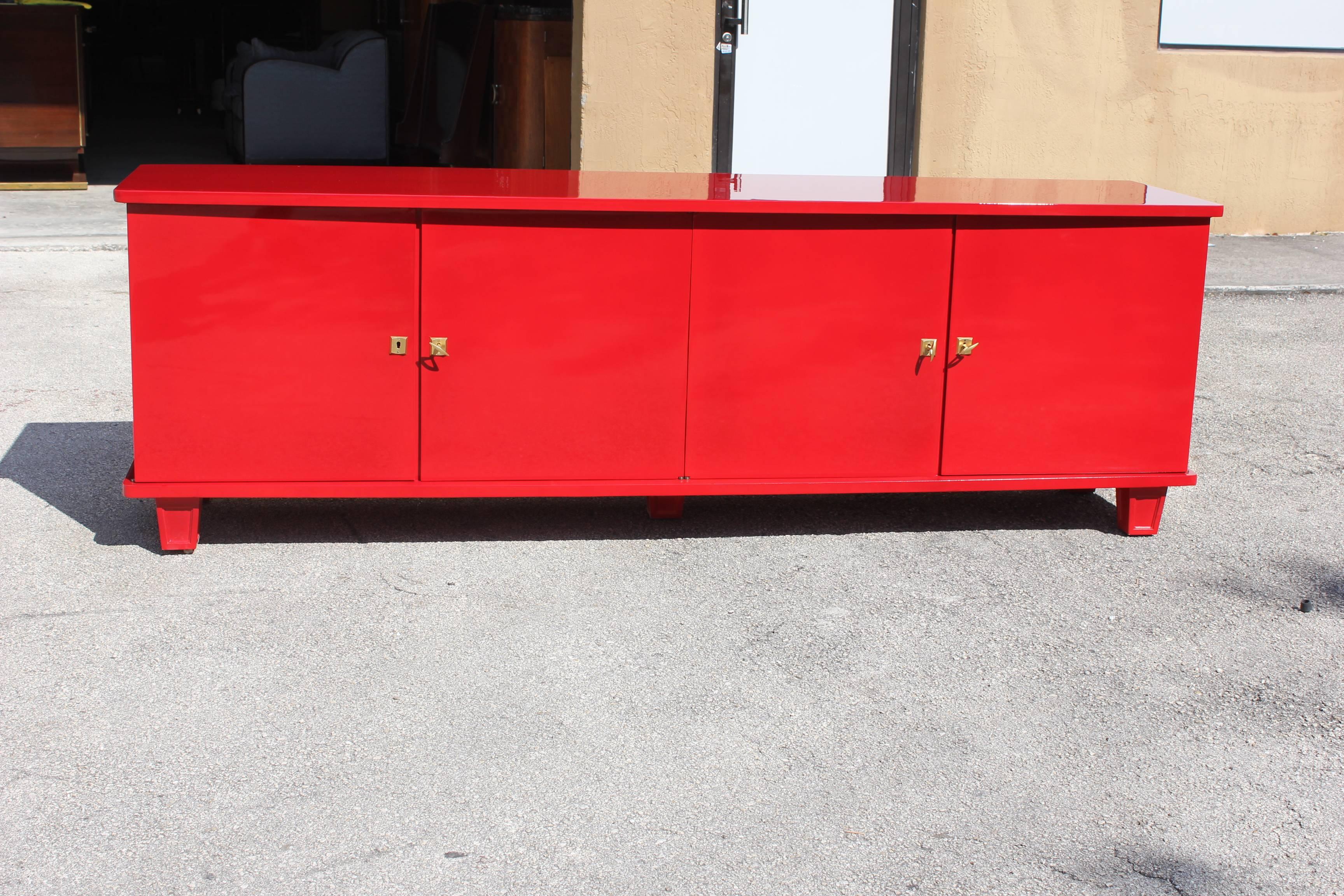 Brass Unique French Art Deco Sideboard or Buffet Red Cherry Lacquered, circa 1940