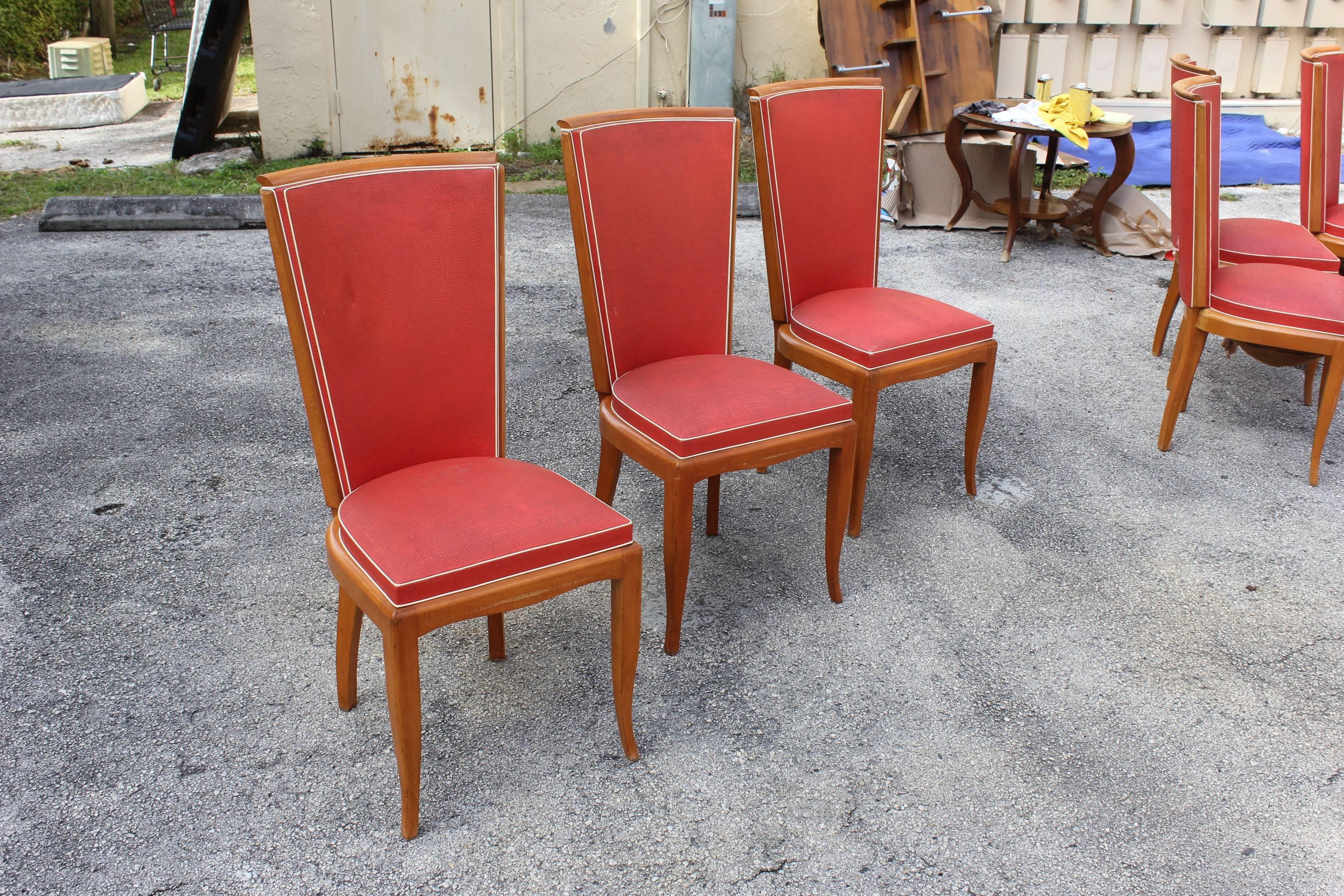 Suite of six French Art Deco dining chairs, solid mahogany, beautiful chairs.( Reupholstery Need to be changed recommended.),circa 1940 from France, Paris.