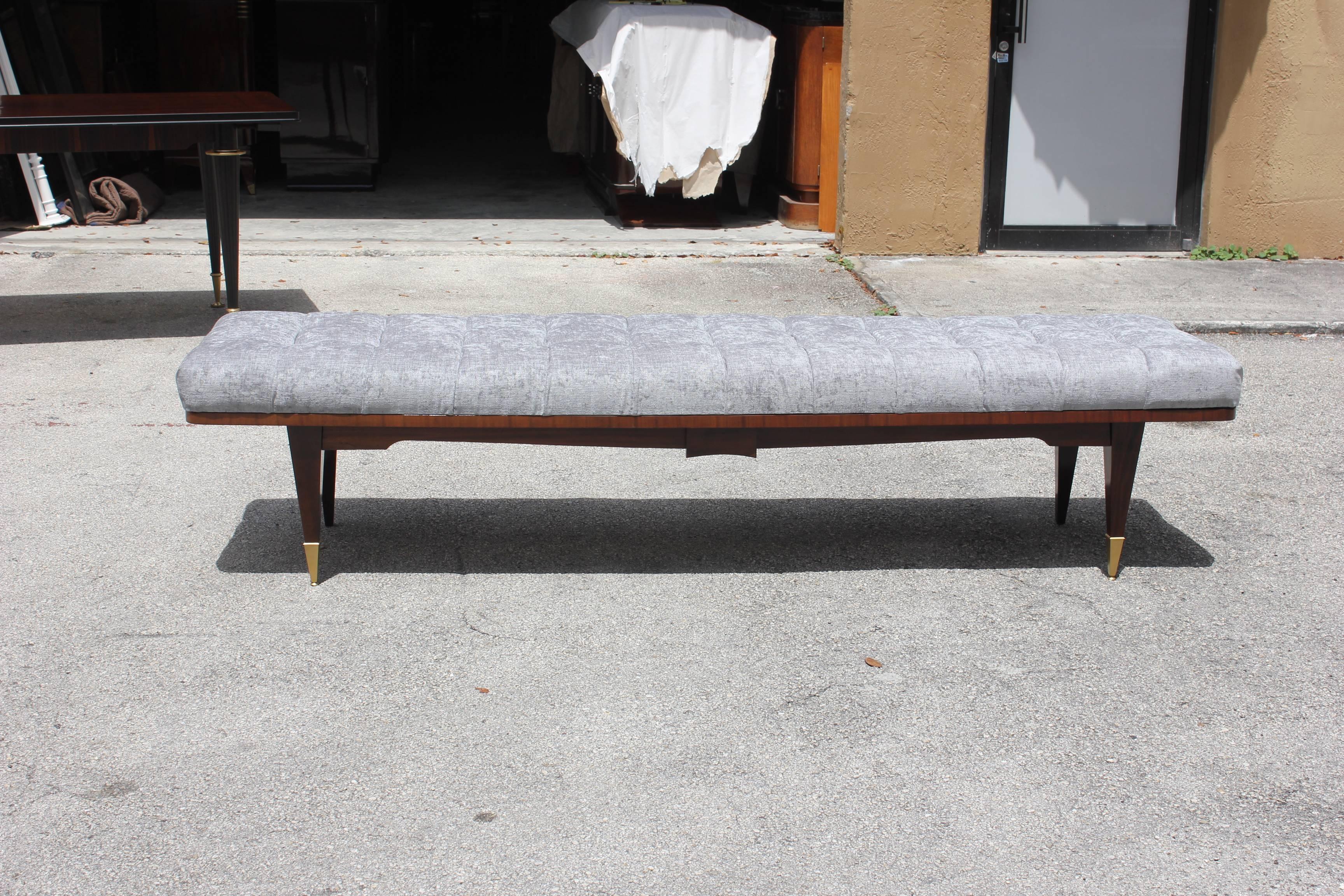 French Art Deco Grey Velvet Exotic Macassar Ebony Sitting Bench, circa 1940 In Excellent Condition In Hialeah, FL