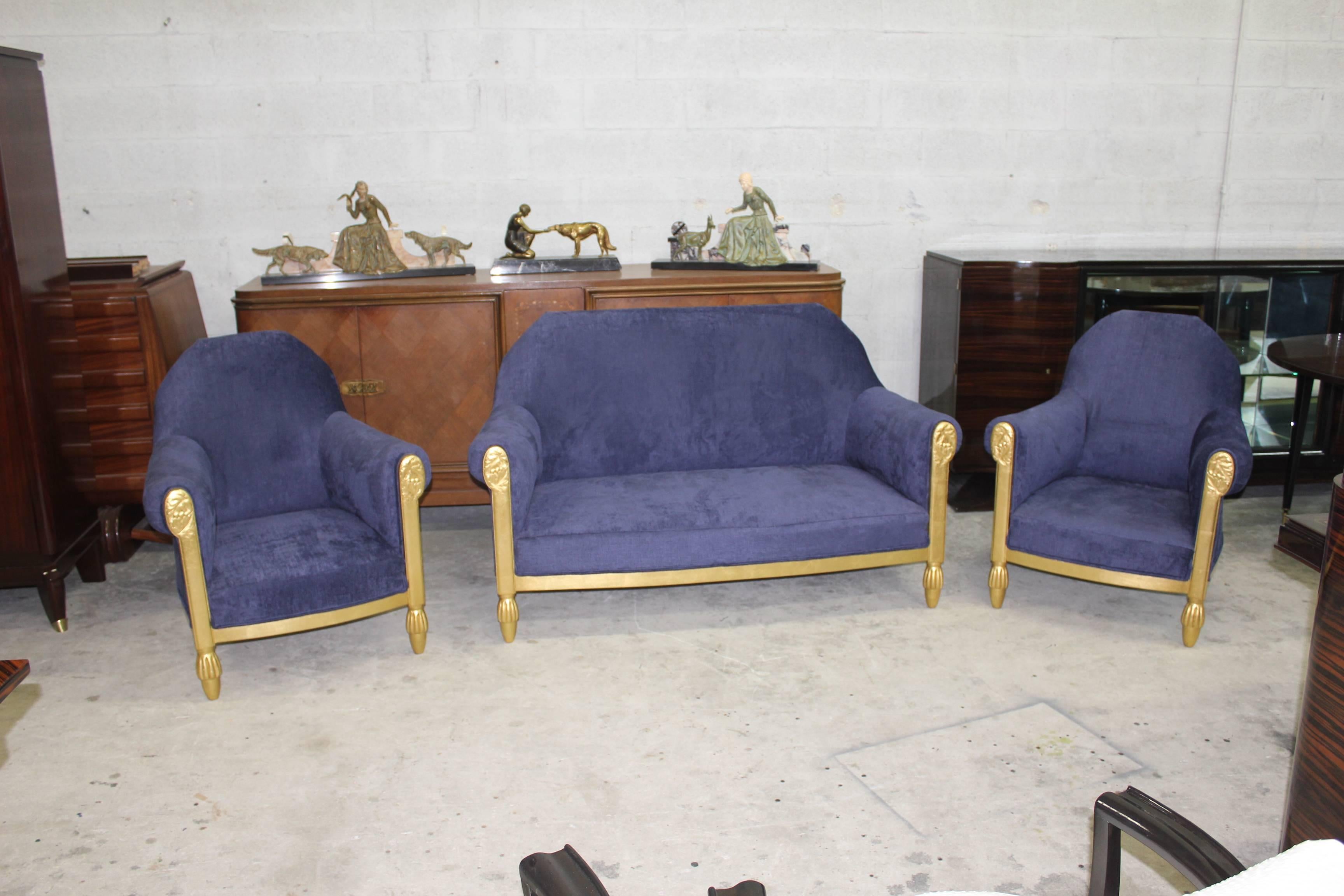 We present an elegant, complete seating suite by one of the most important designers of the Art Deco period- Paul Follot. Included are a charming settee with gilded wood and decorative carved panels, two matching chairs in the Classic early 1920s ,
