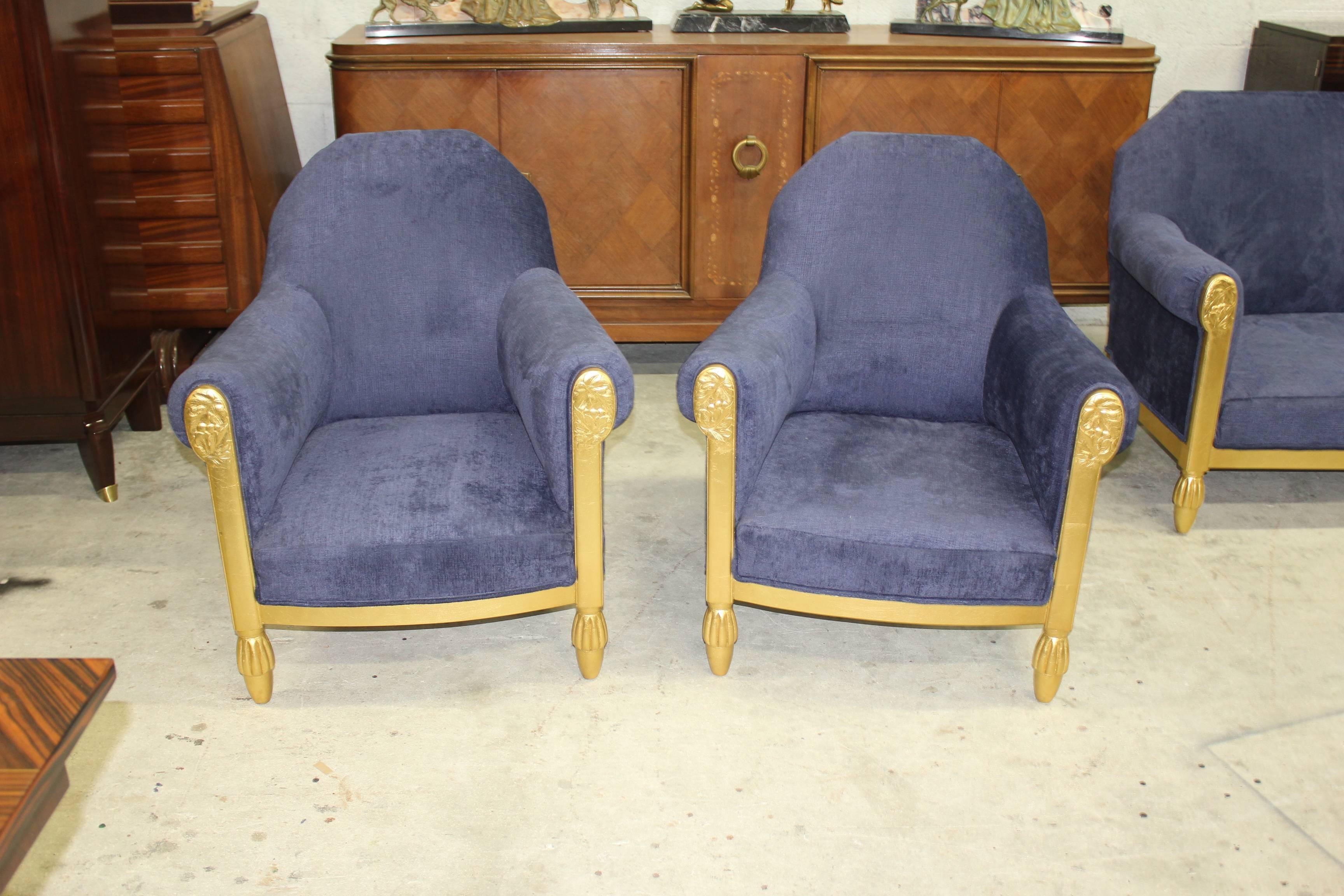 We present an elegant, pair of armchairs by one of the most important designers of the Art Deco period Paul Follot with gilded wood and decorative carved panels, Classic early 1920s , all of which have been newly re-upholstered in royal blue velvet
