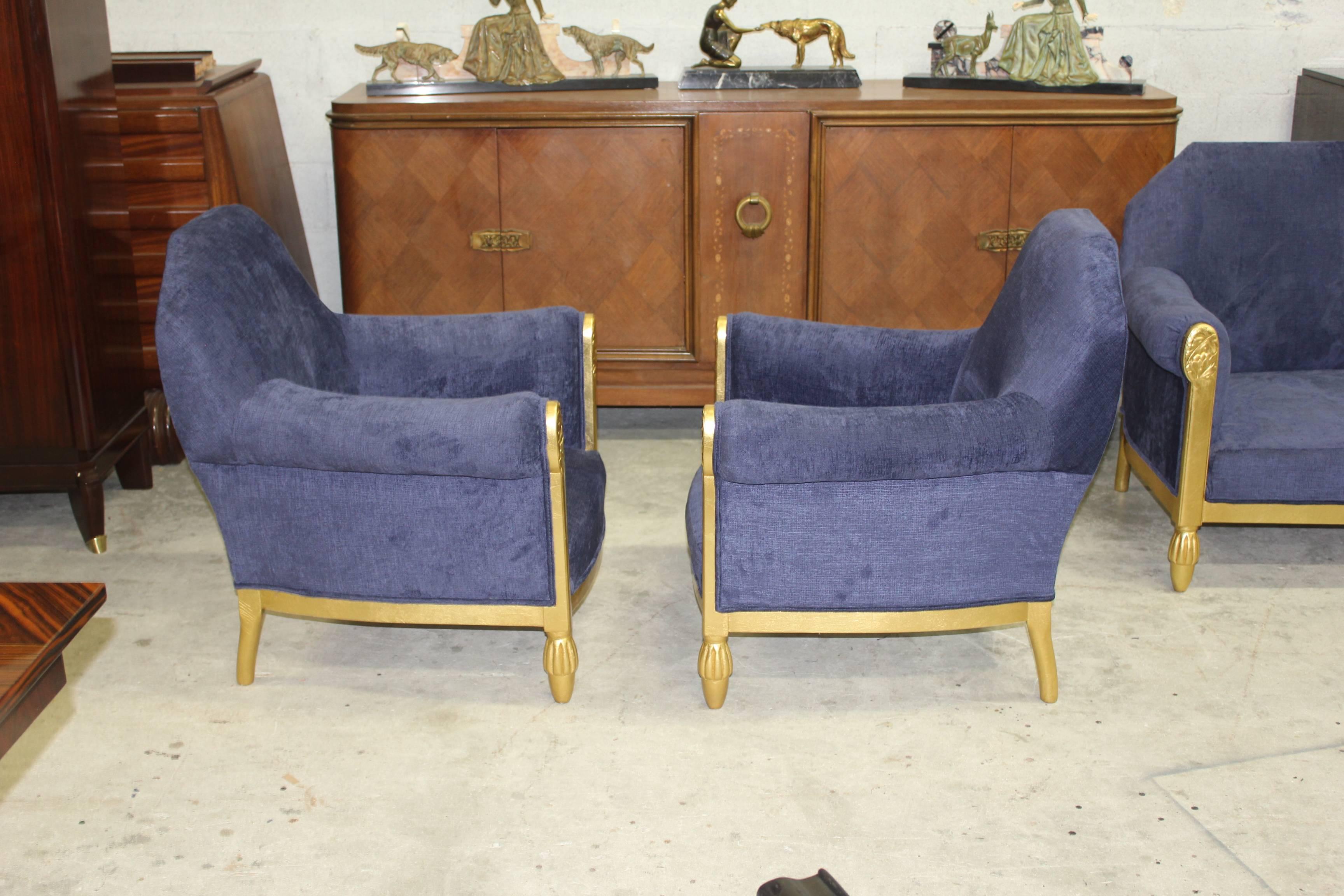 French Art Deco Pair of Armchairs Giltwood by Paul Follot, circa 1920s In Excellent Condition In Hialeah, FL