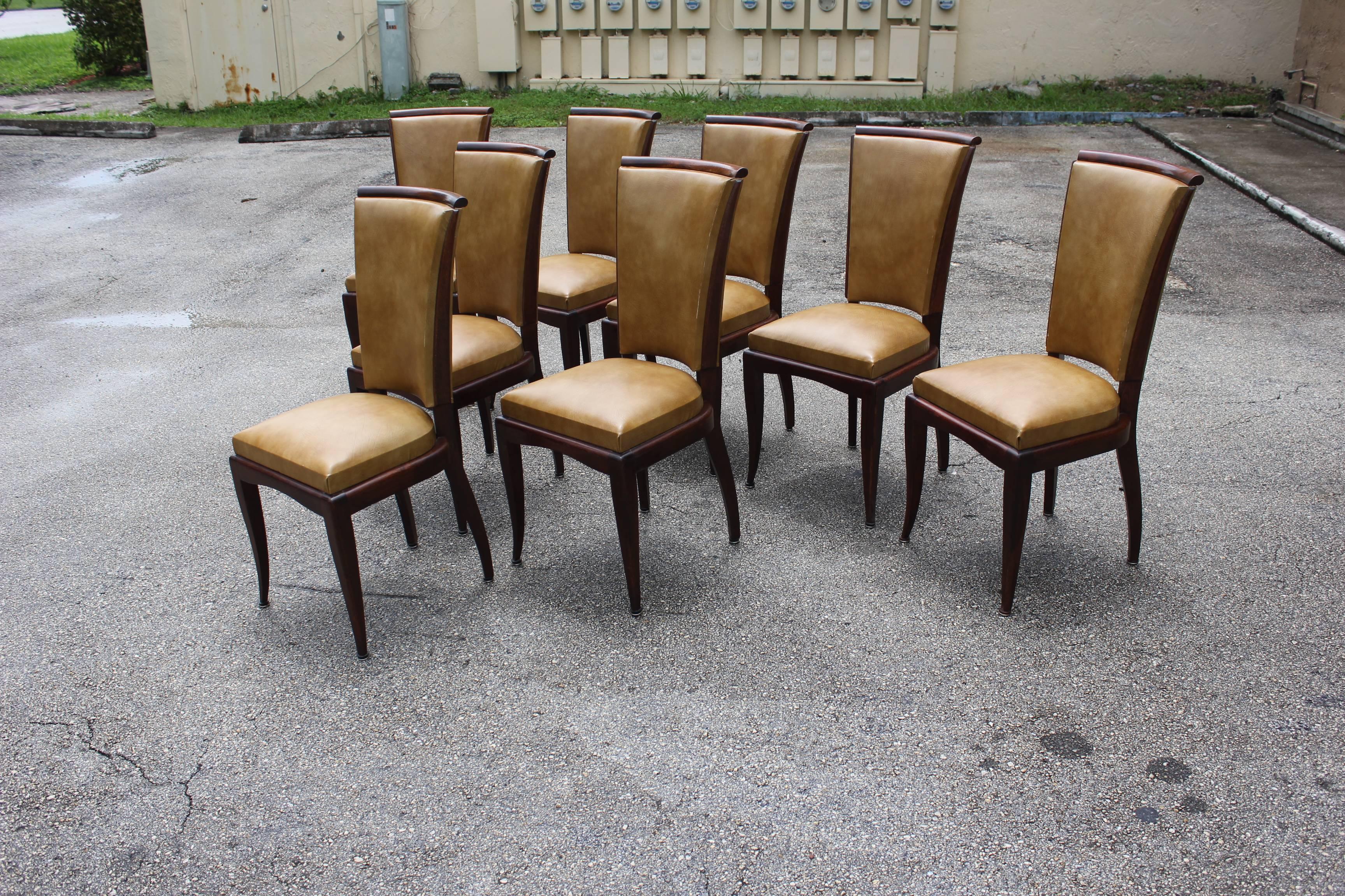 Mid-20th Century Set of Eight French Art Deco Jules Leleu Style Mahogany Dining Chairs