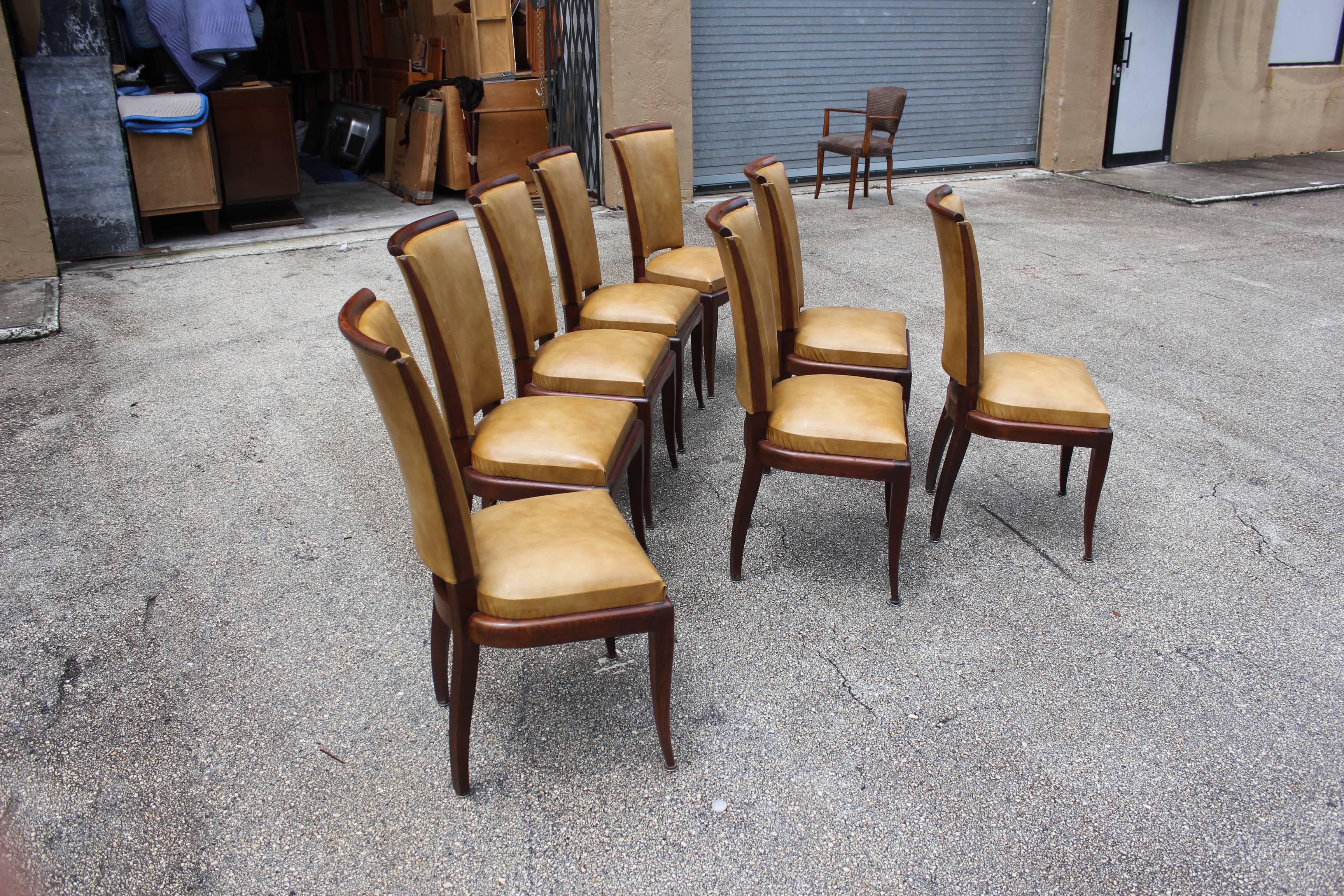Set of Eight French Art Deco Jules Leleu Style Mahogany Dining Chairs 1