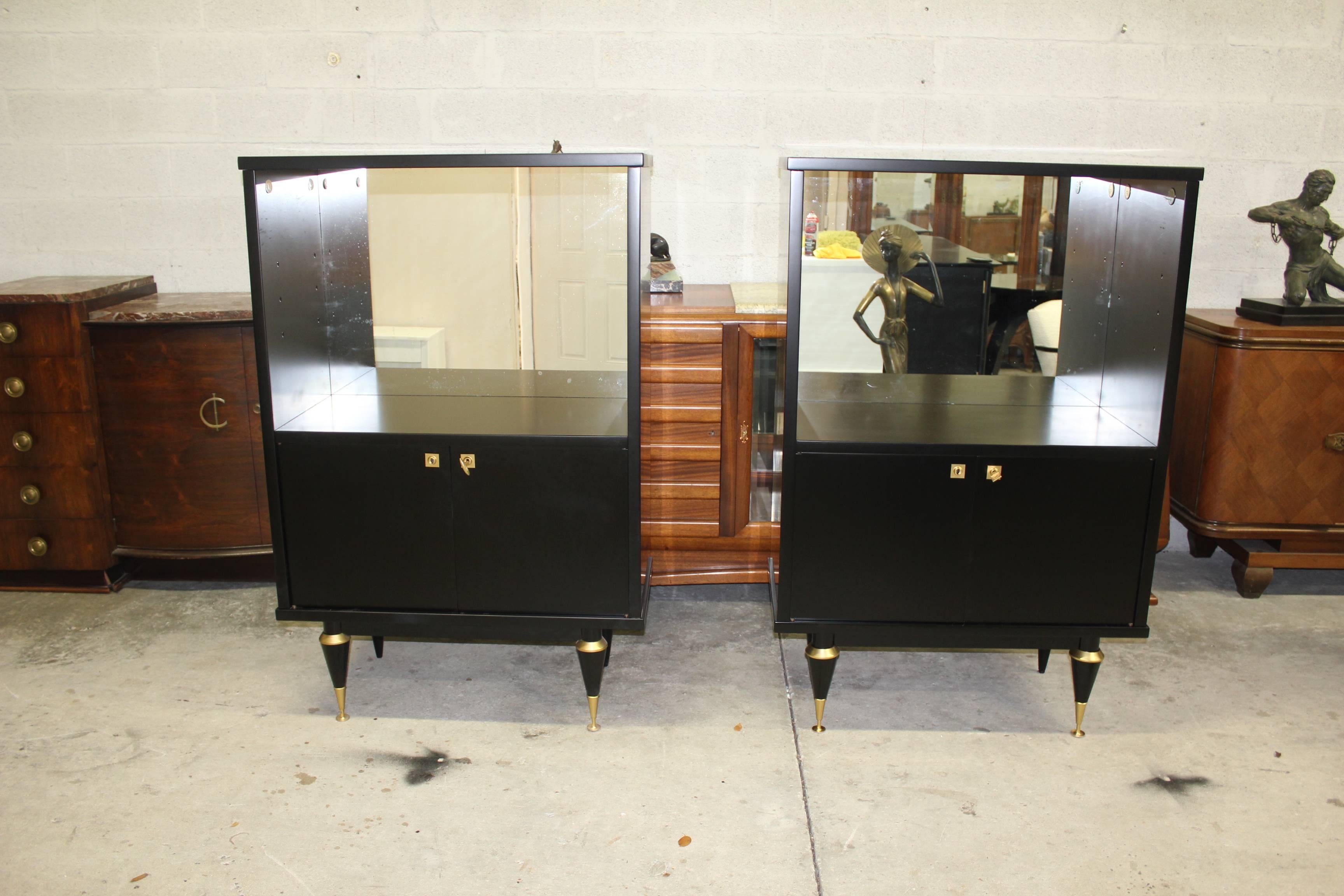 Pair of French Art Deco Tall Sideboard / Cabinets Ebonized, circa 1940s In Excellent Condition In Hialeah, FL