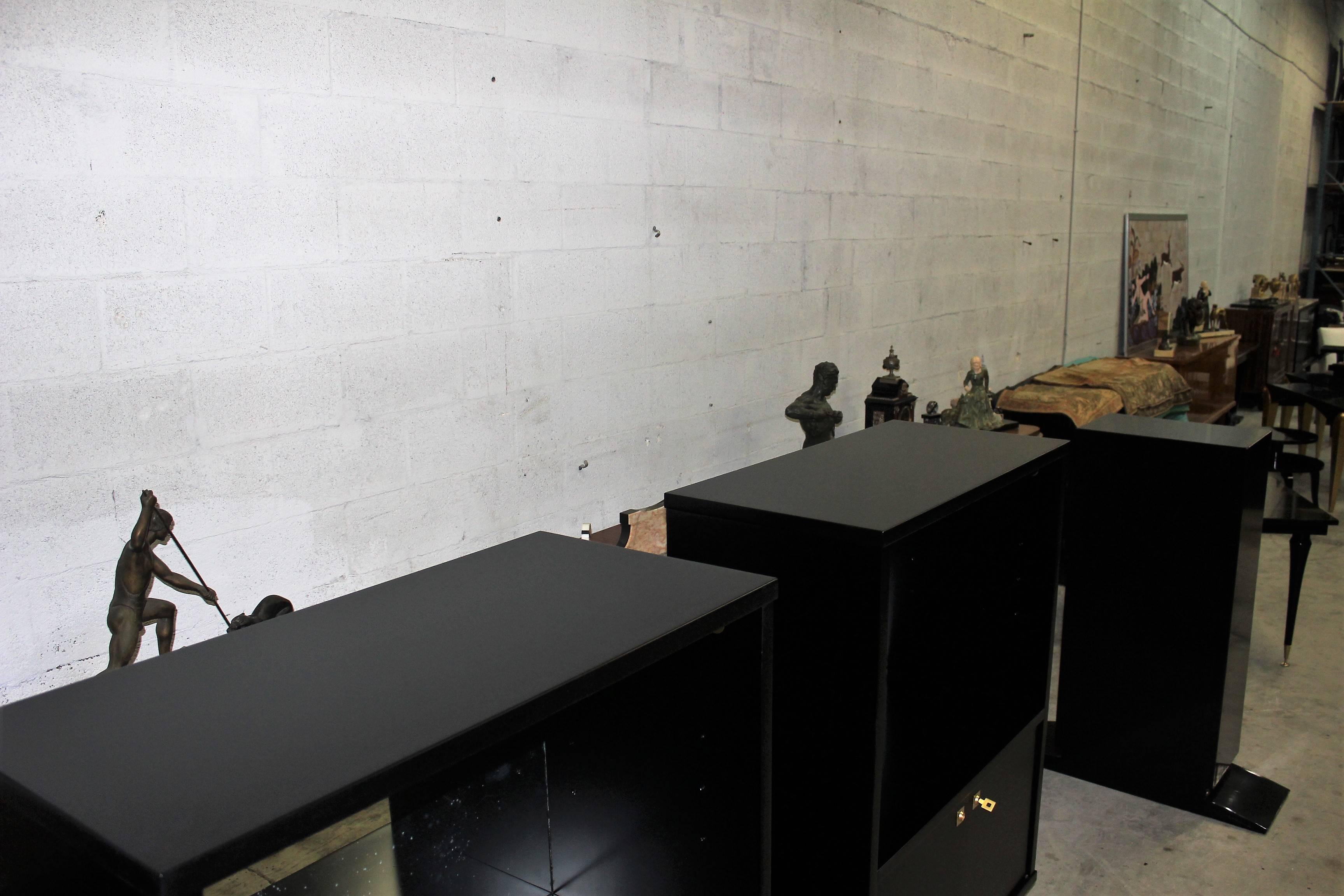 Mid-20th Century Pair of French Art Deco Tall Sideboard / Cabinets Ebonized, circa 1940s