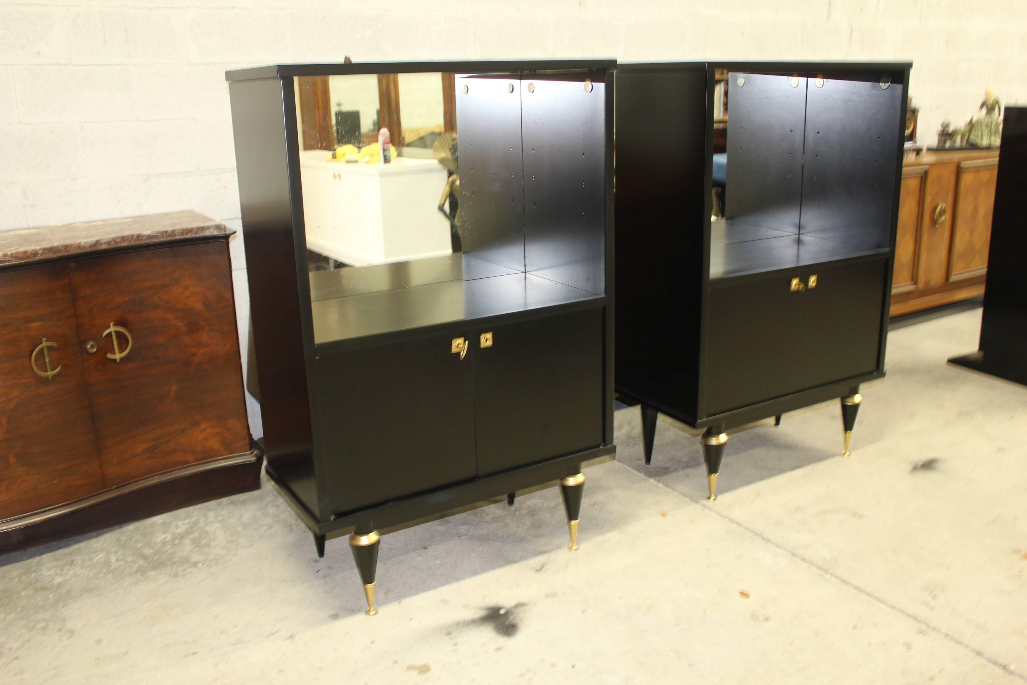 Pair of French Art Deco Tall Sideboard / Cabinets Ebonized, circa 1940s 2