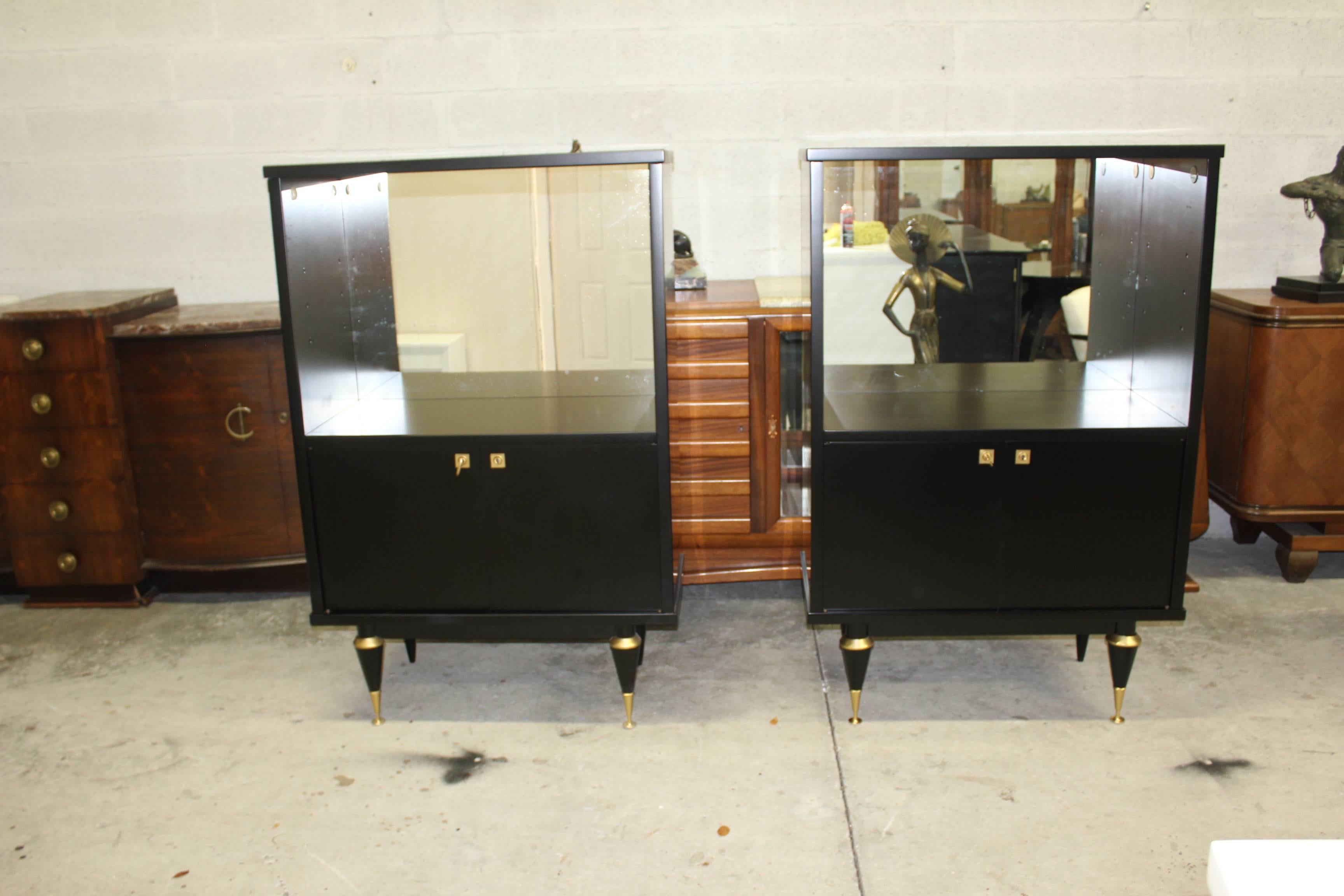 Pair of French Art Deco Tall Sideboard / Cabinets Ebonized, circa 1940s 3
