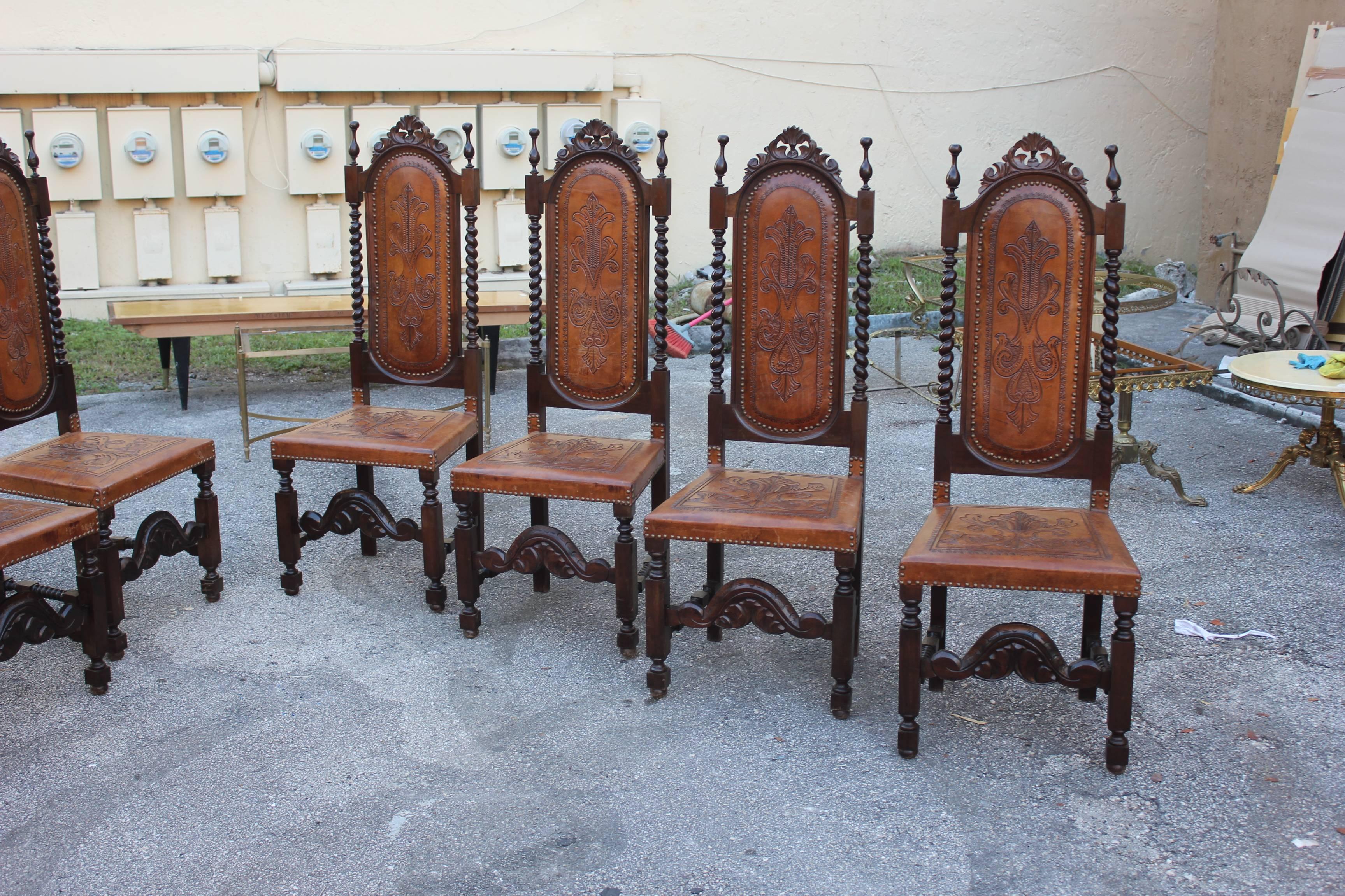 Louis XIII Set of Eight 19th Century French Louis Xlll Style Leather Dining Chairs 