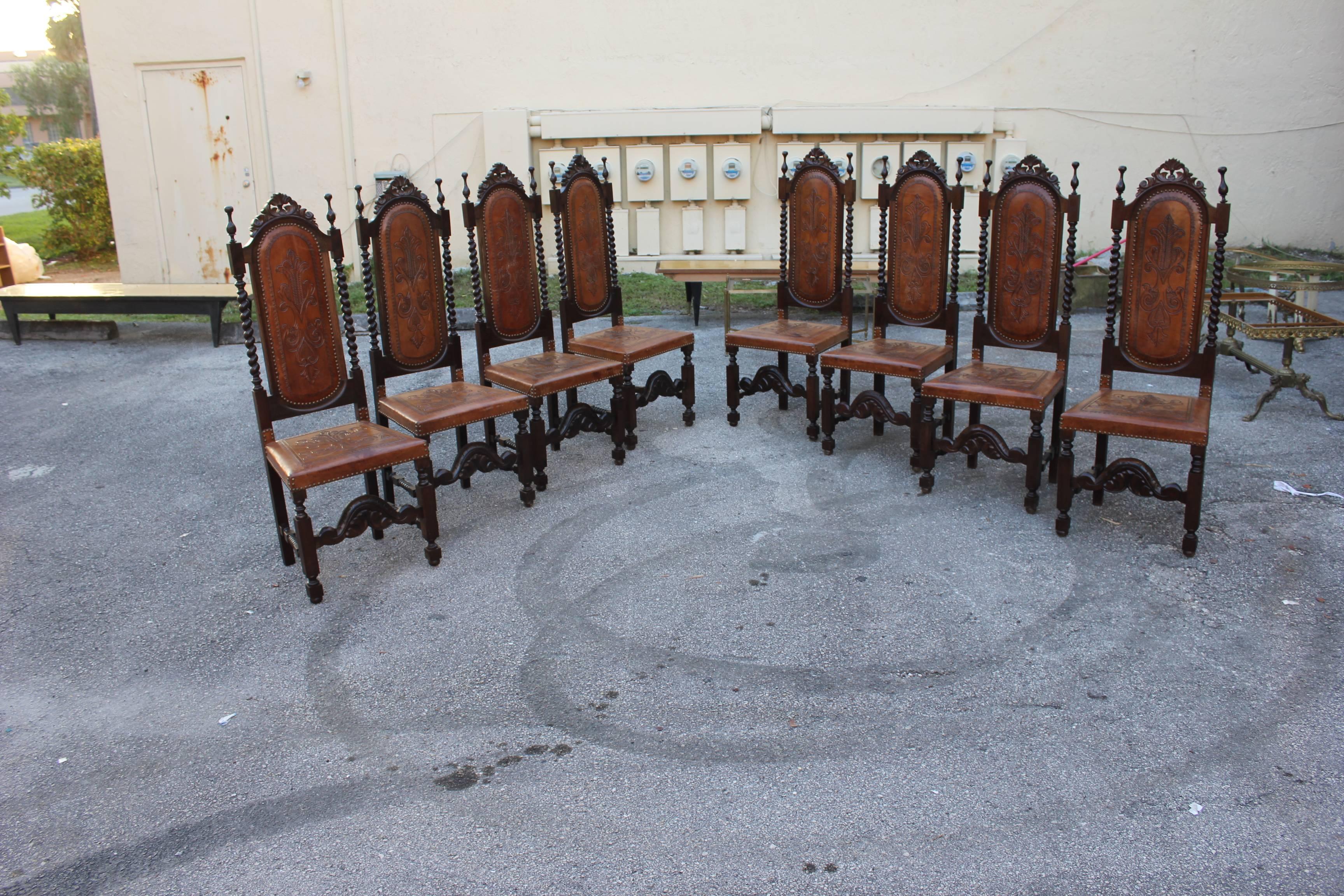 Set of Eight 19th Century French Louis Xlll Style Leather Dining Chairs  In Excellent Condition In Hialeah, FL