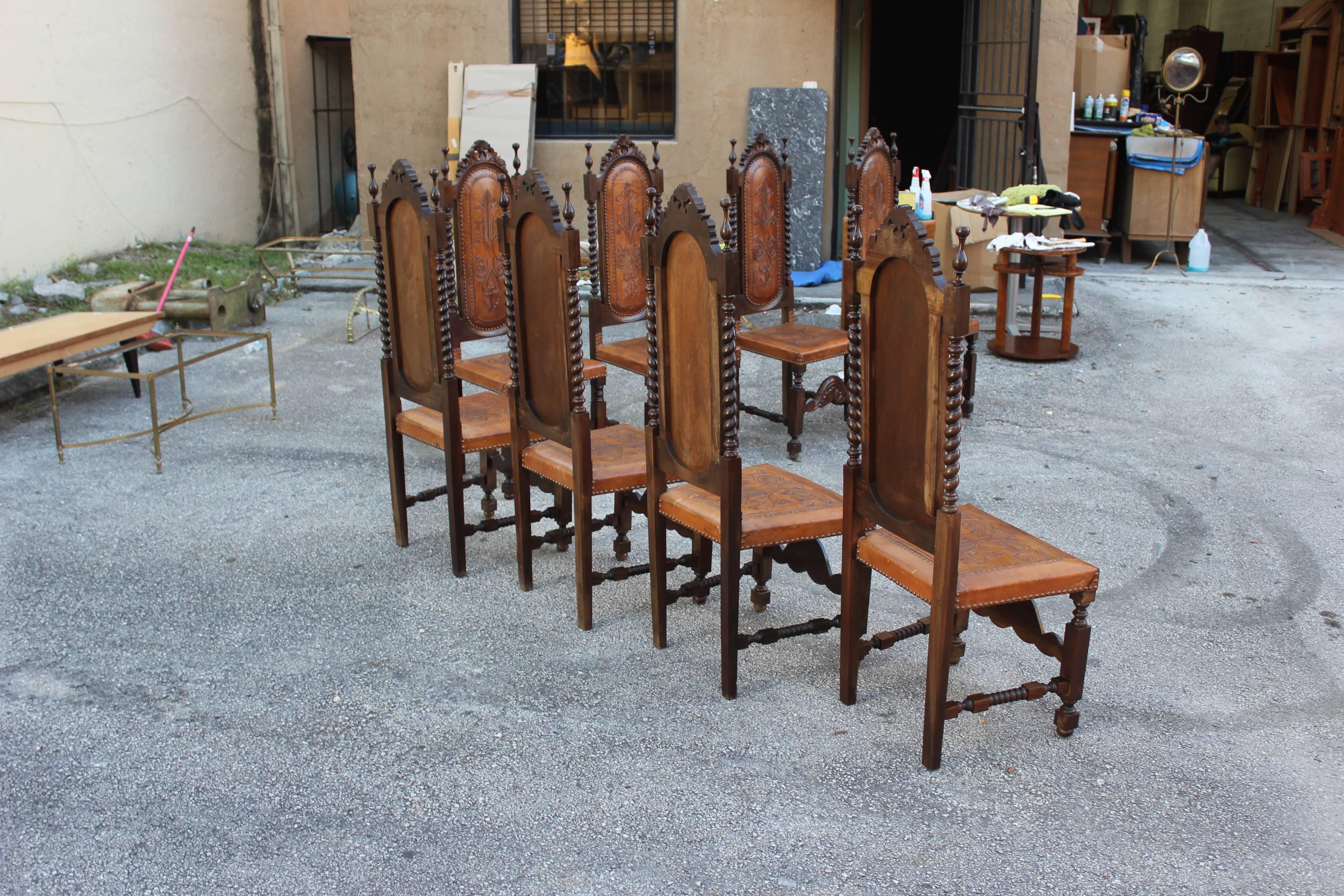Late 19th Century Set of Eight 19th Century French Louis Xlll Style Leather Dining Chairs 
