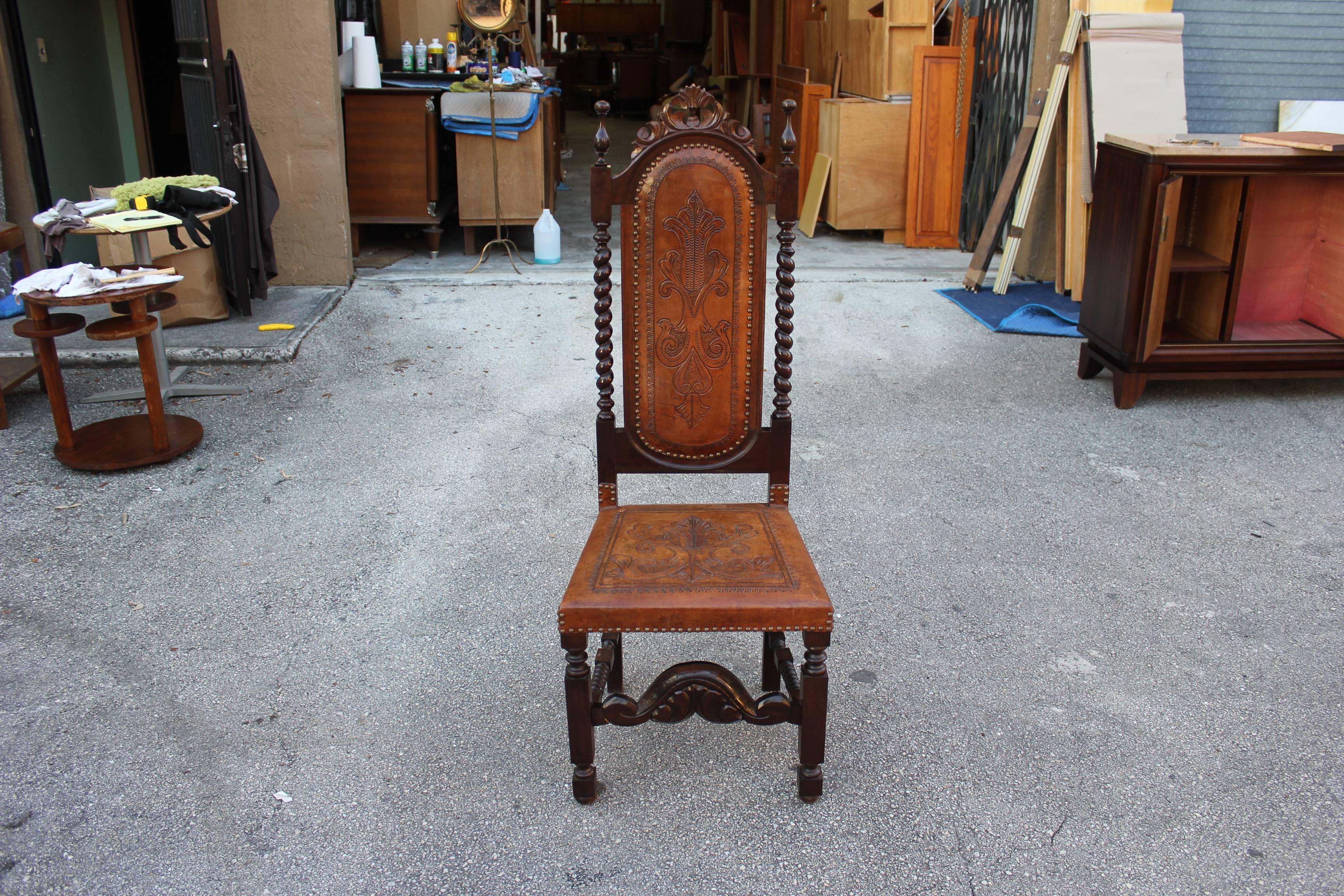 Set of Eight 19th Century French Louis Xlll Style Leather Dining Chairs  1