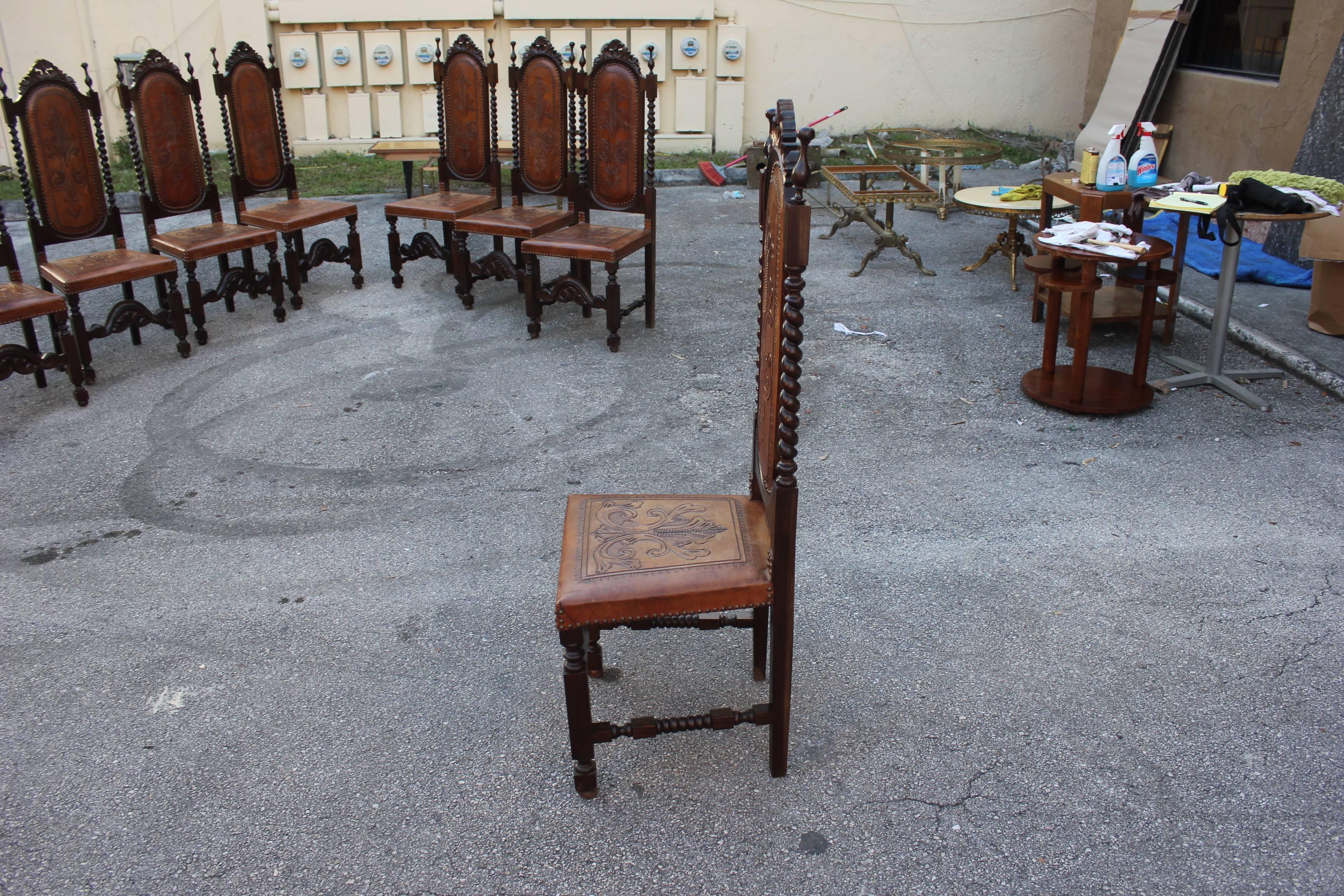 Set of Eight 19th Century French Louis Xlll Style Leather Dining Chairs  5