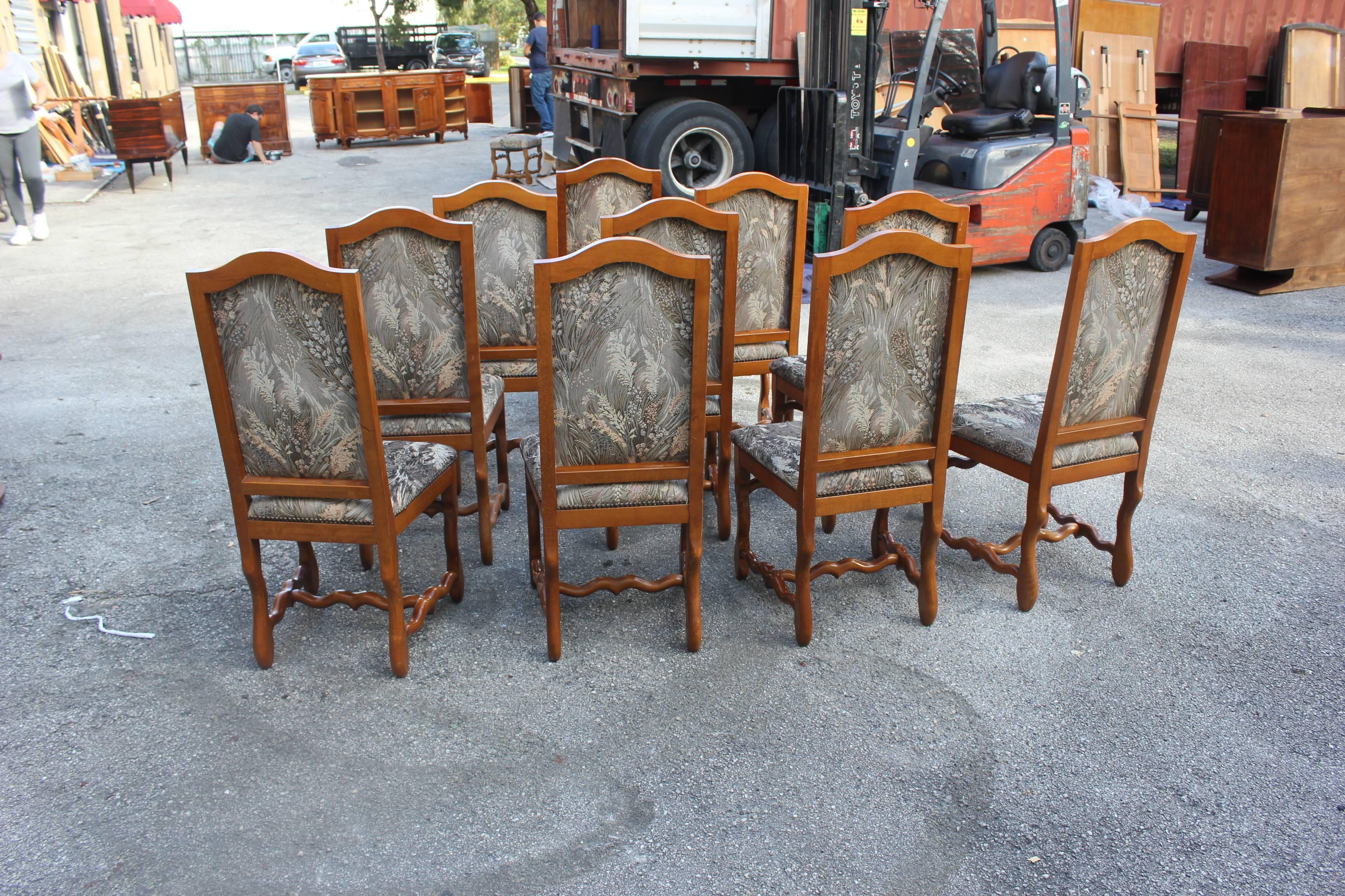 Late 19th Century Set of Ten French, Louis XIII Style Solid Walnut Os De Mouton Dining Chairs