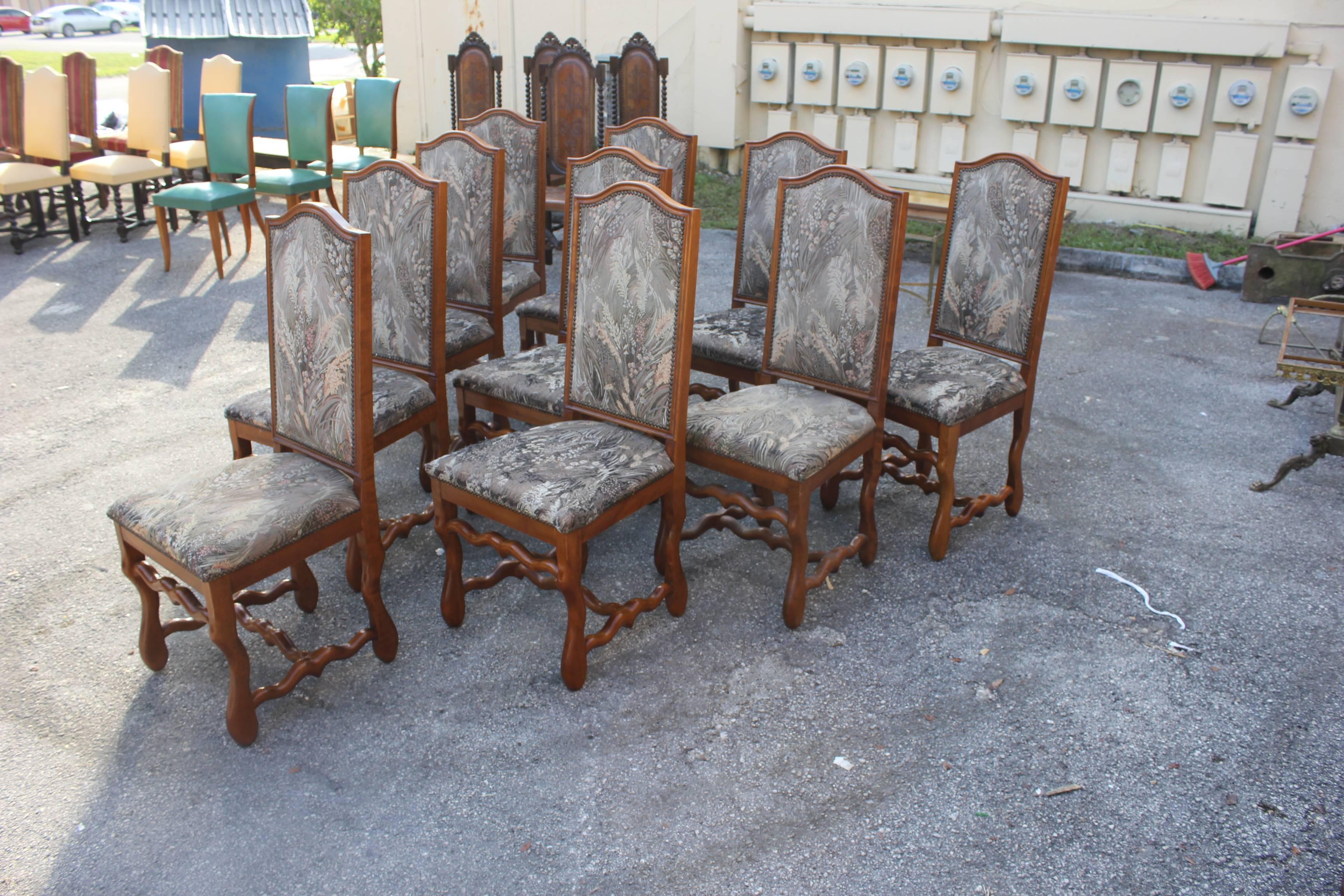 Fabric Set of Ten French, Louis XIII Style Solid Walnut Os De Mouton Dining Chairs