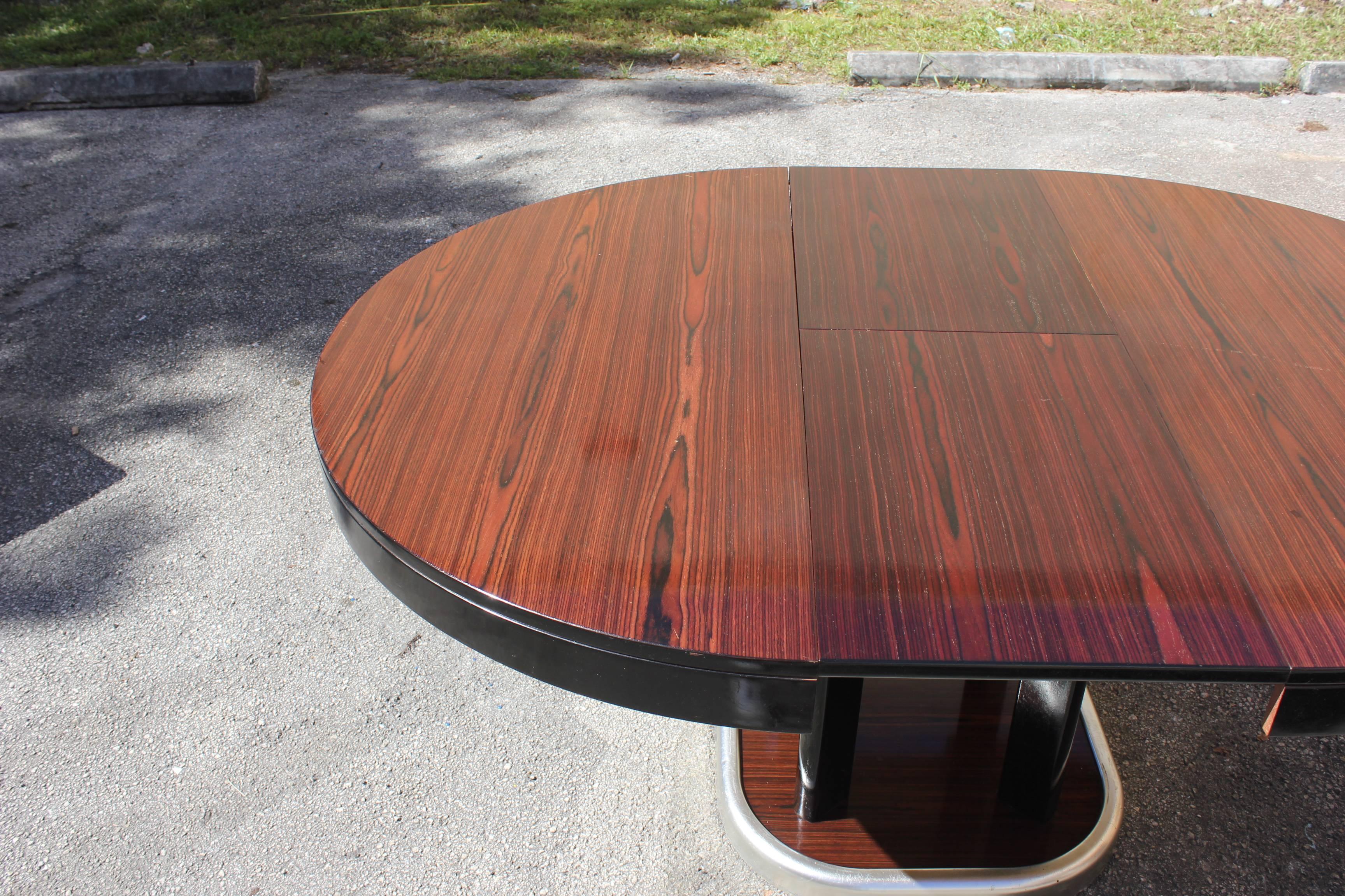 French Art Deco Macassar Ebony Round Dining Table with Built in Extension Leaf 1