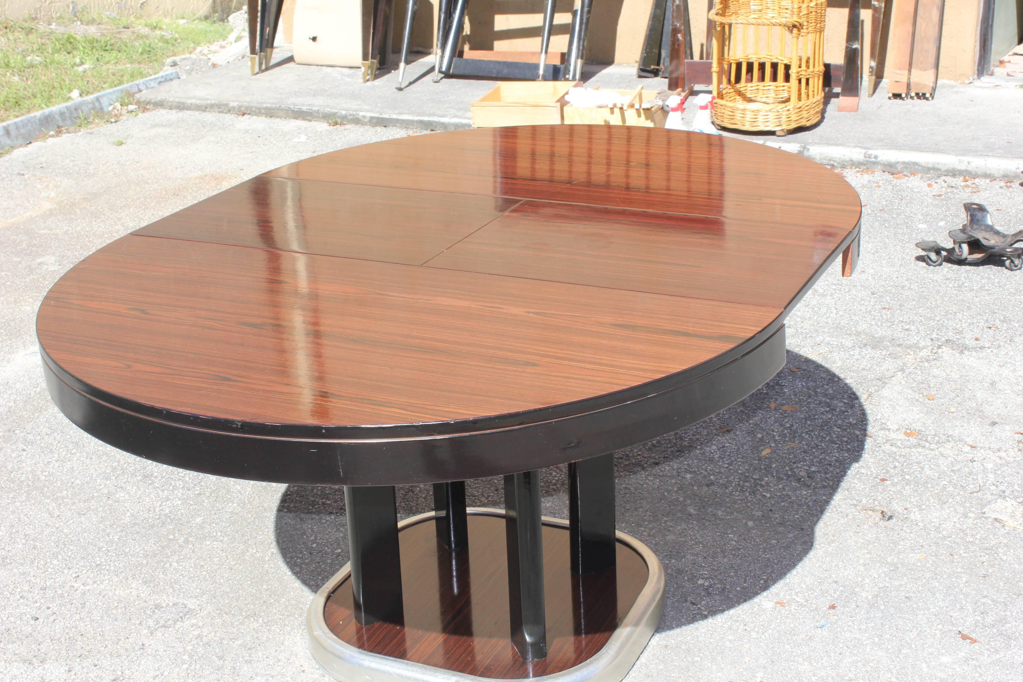 French Art Deco Macassar Ebony Round Dining Table with Built in Extension Leaf 2