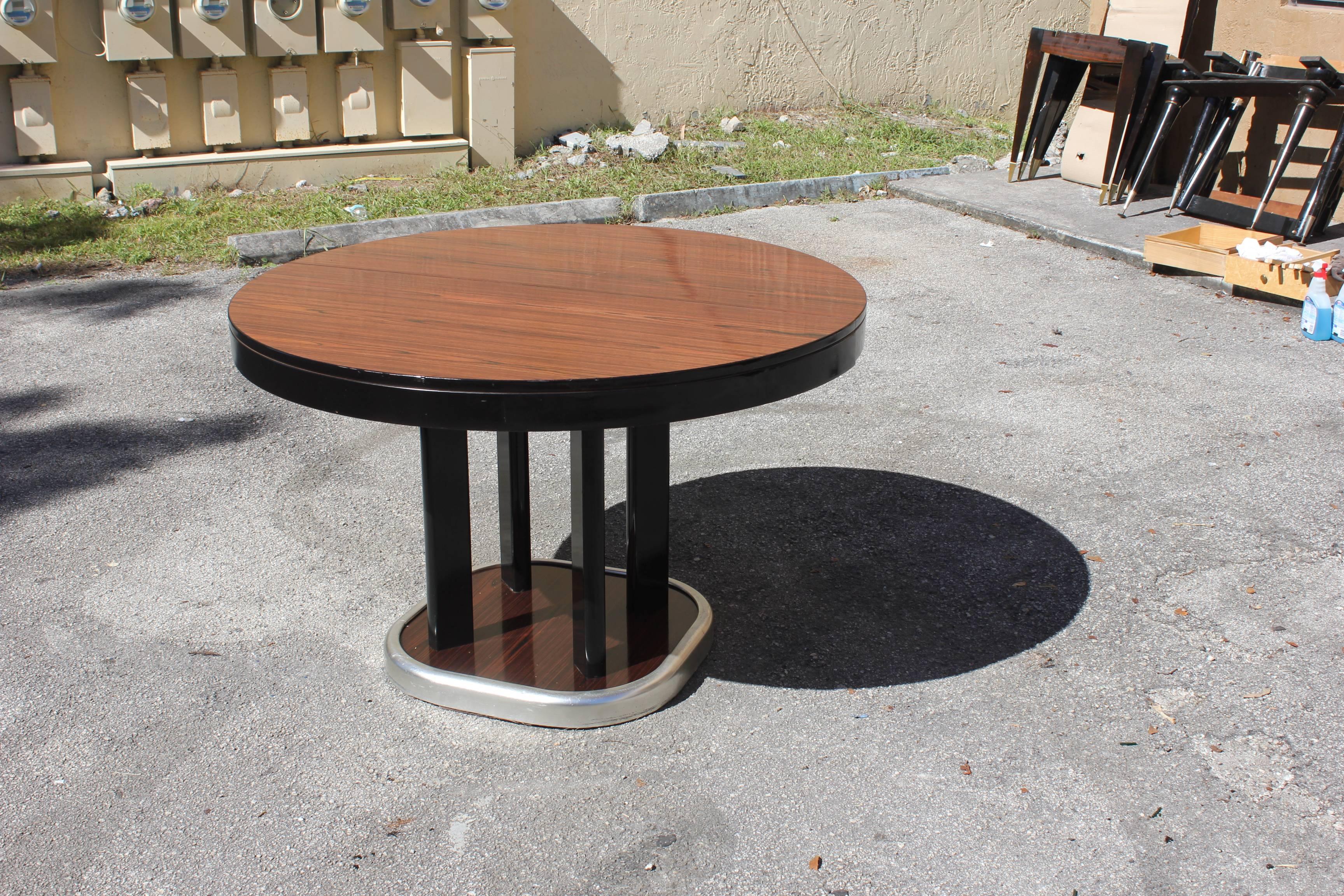 French Art Deco Macassar Ebony Round Dining Table with Built in Extension Leaf 4