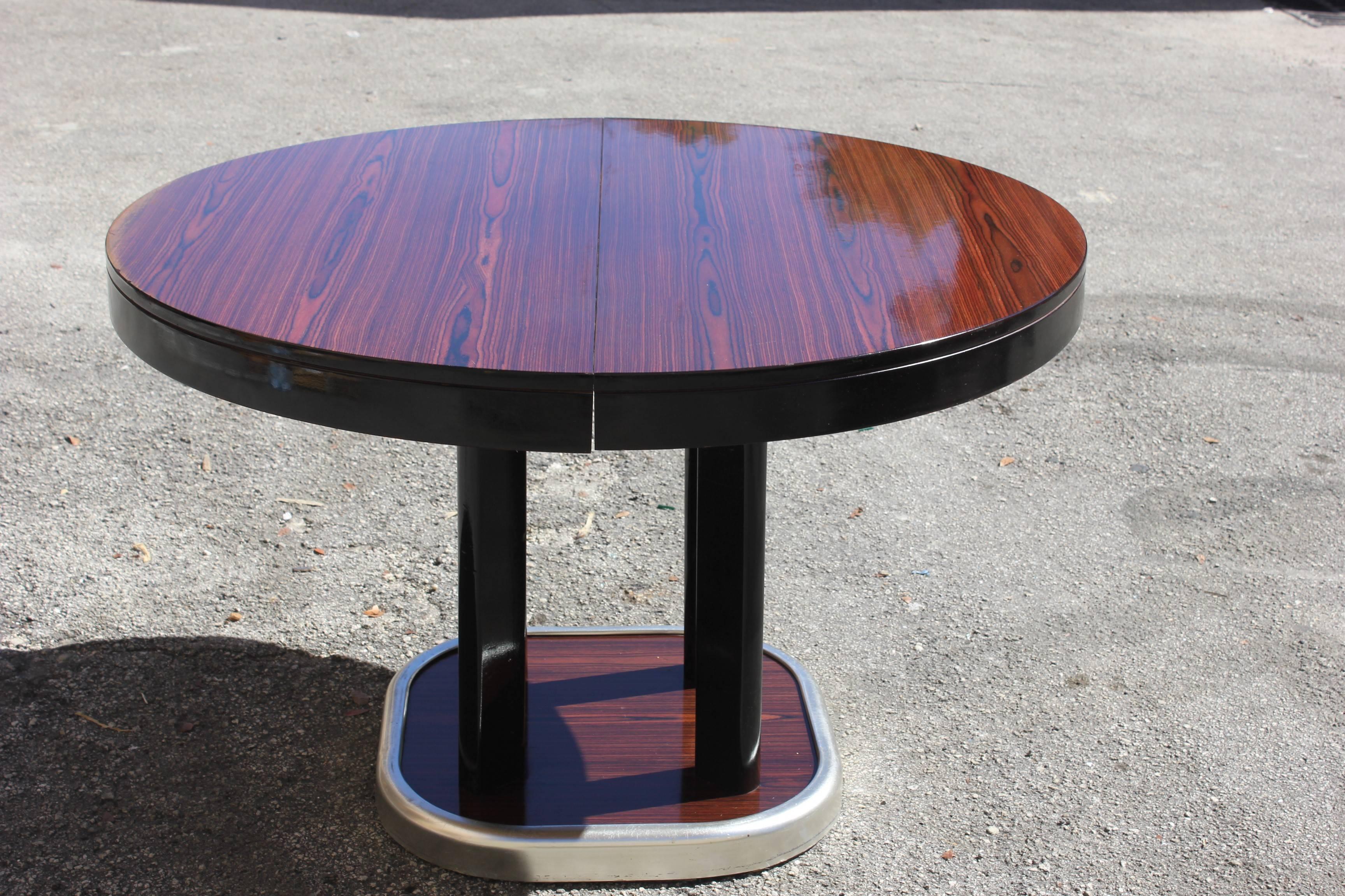 French Art Deco Macassar Ebony Round Dining Table with Built in Extension Leaf 5