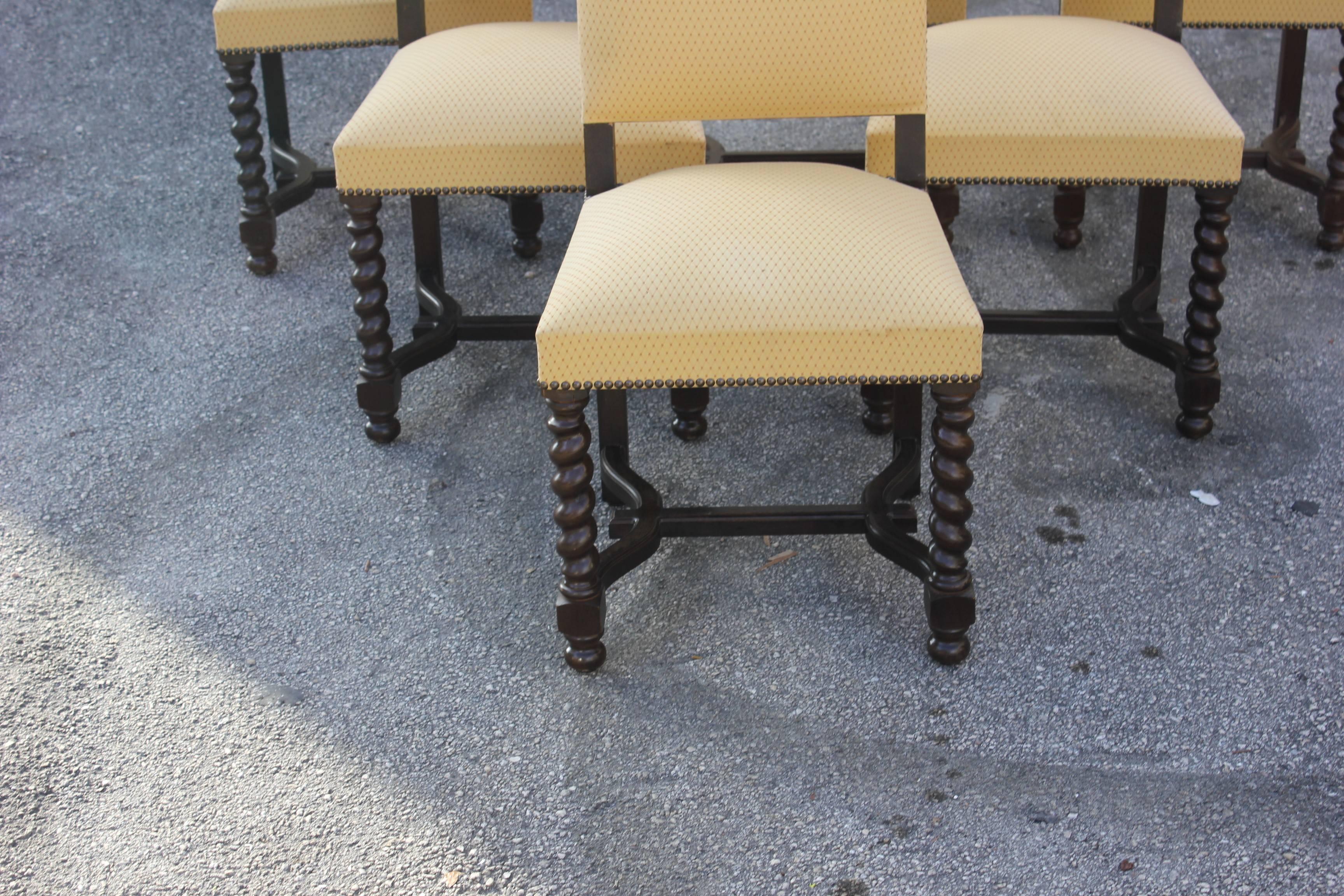Late 19th Century Set of Six Louis XIII Style Barley Twist Solid Walnut Dining Chairs, 1880s