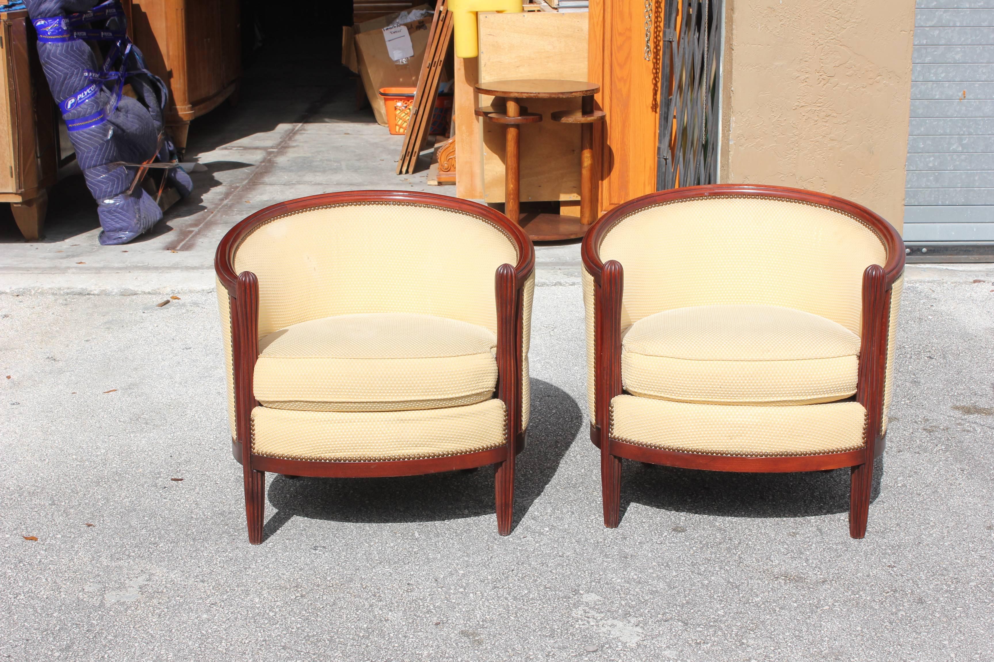 Pair of French Art Deco Club Chairs Mahogany Attributed by Paul Follot In Excellent Condition In Hialeah, FL
