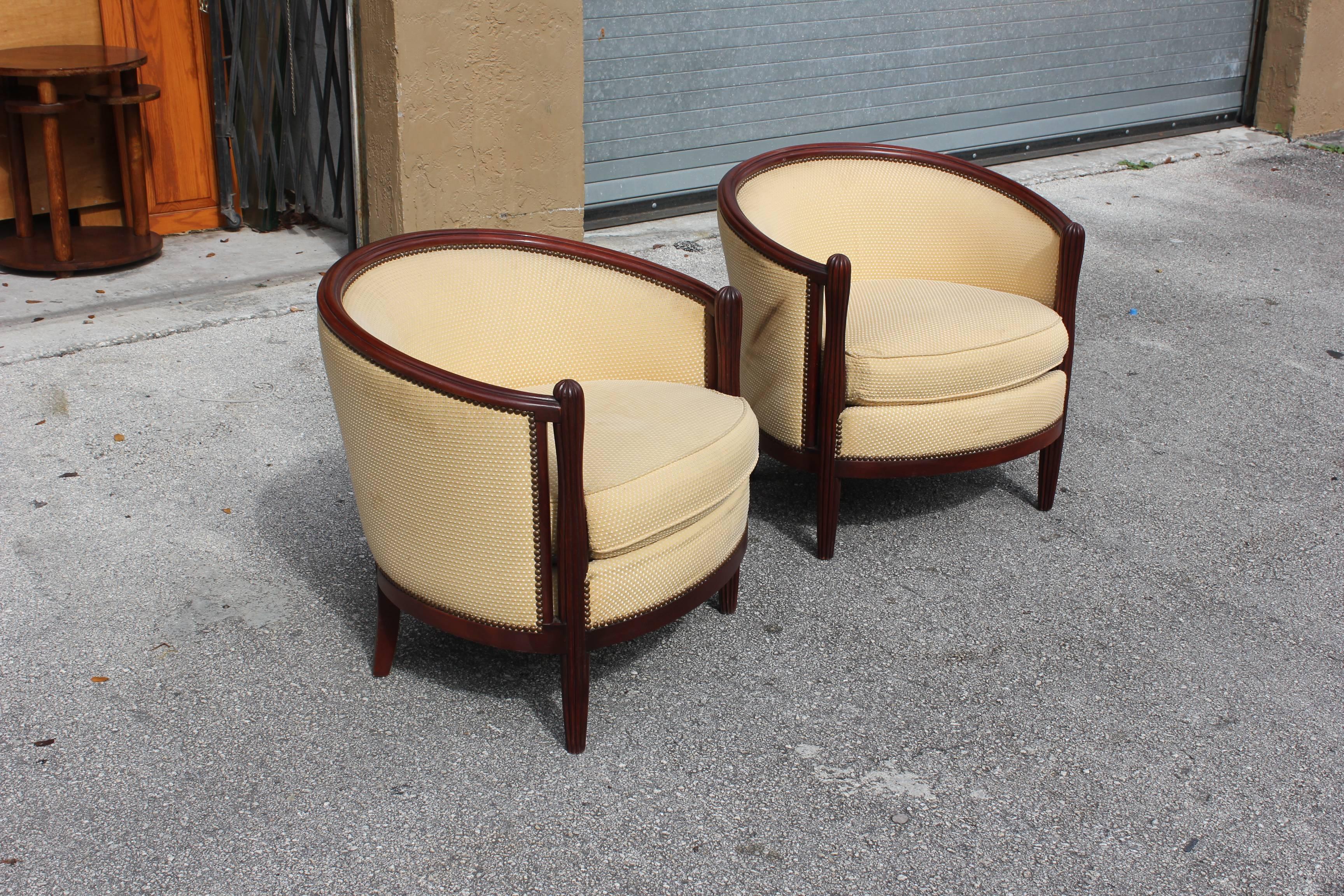 Mid-20th Century Pair of French Art Deco Club Chairs Mahogany Attributed by Paul Follot