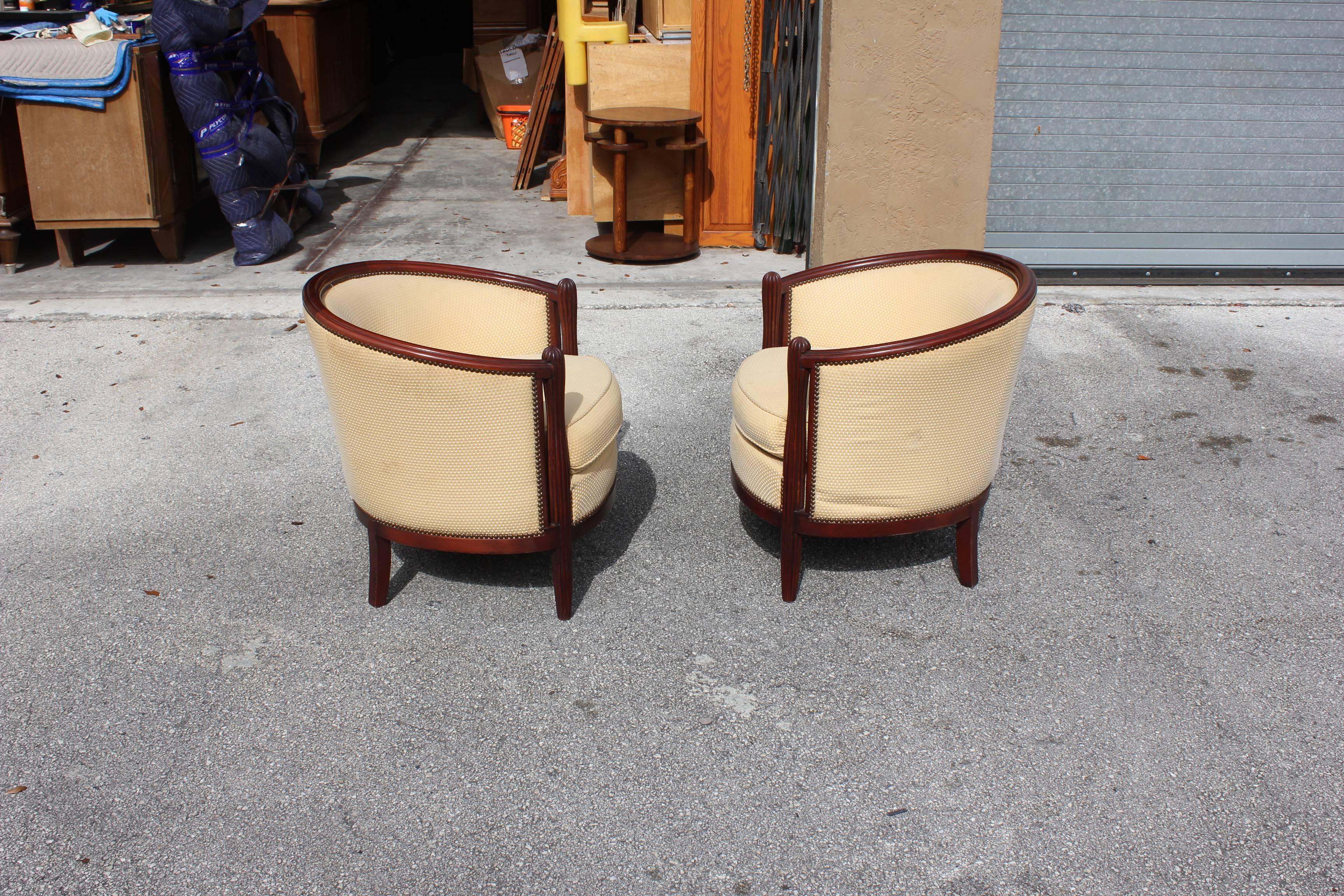 Fabric Pair of French Art Deco Club Chairs Mahogany Attributed by Paul Follot