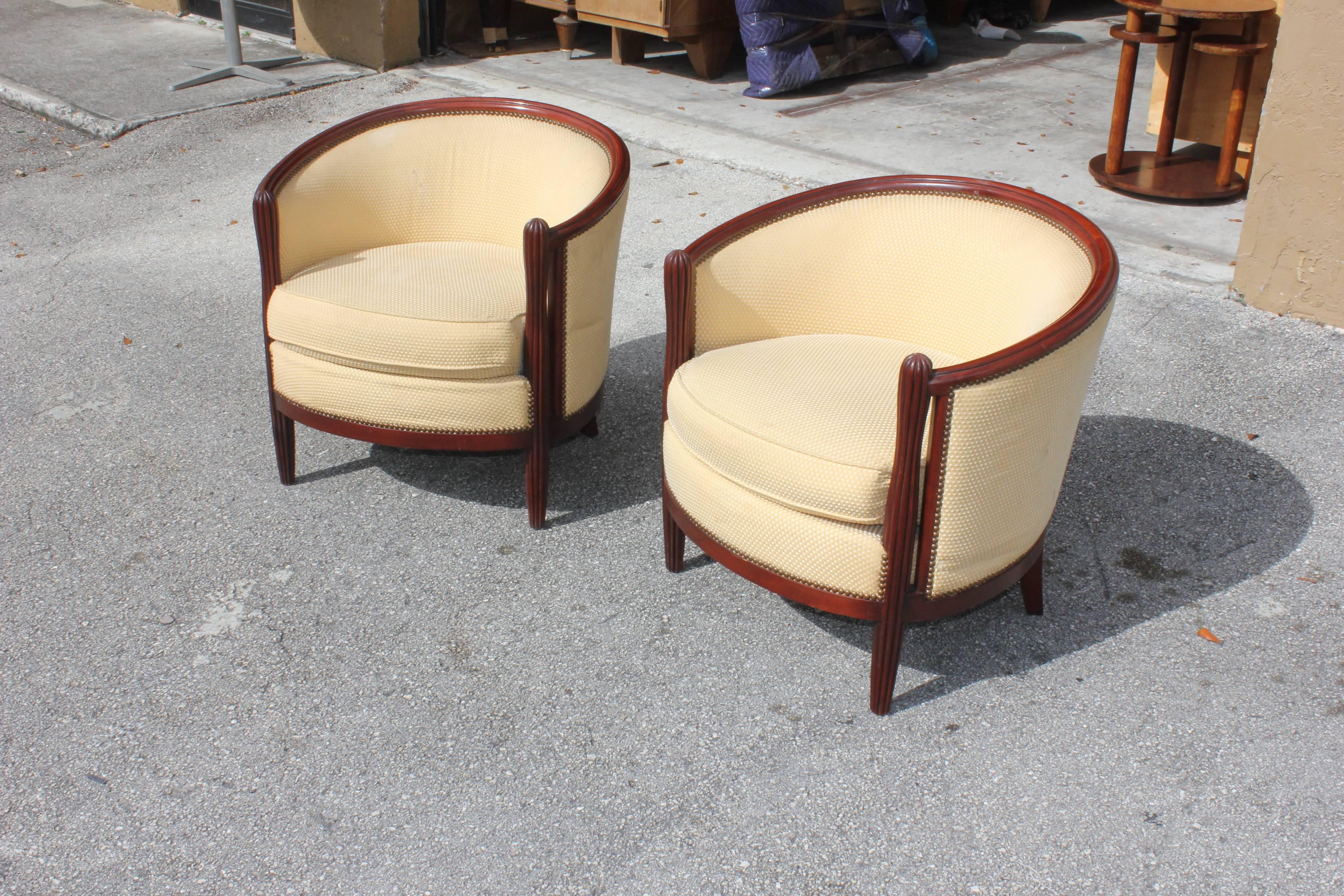 Pair of French Art Deco Club Chairs Mahogany Attributed by Paul Follot 1