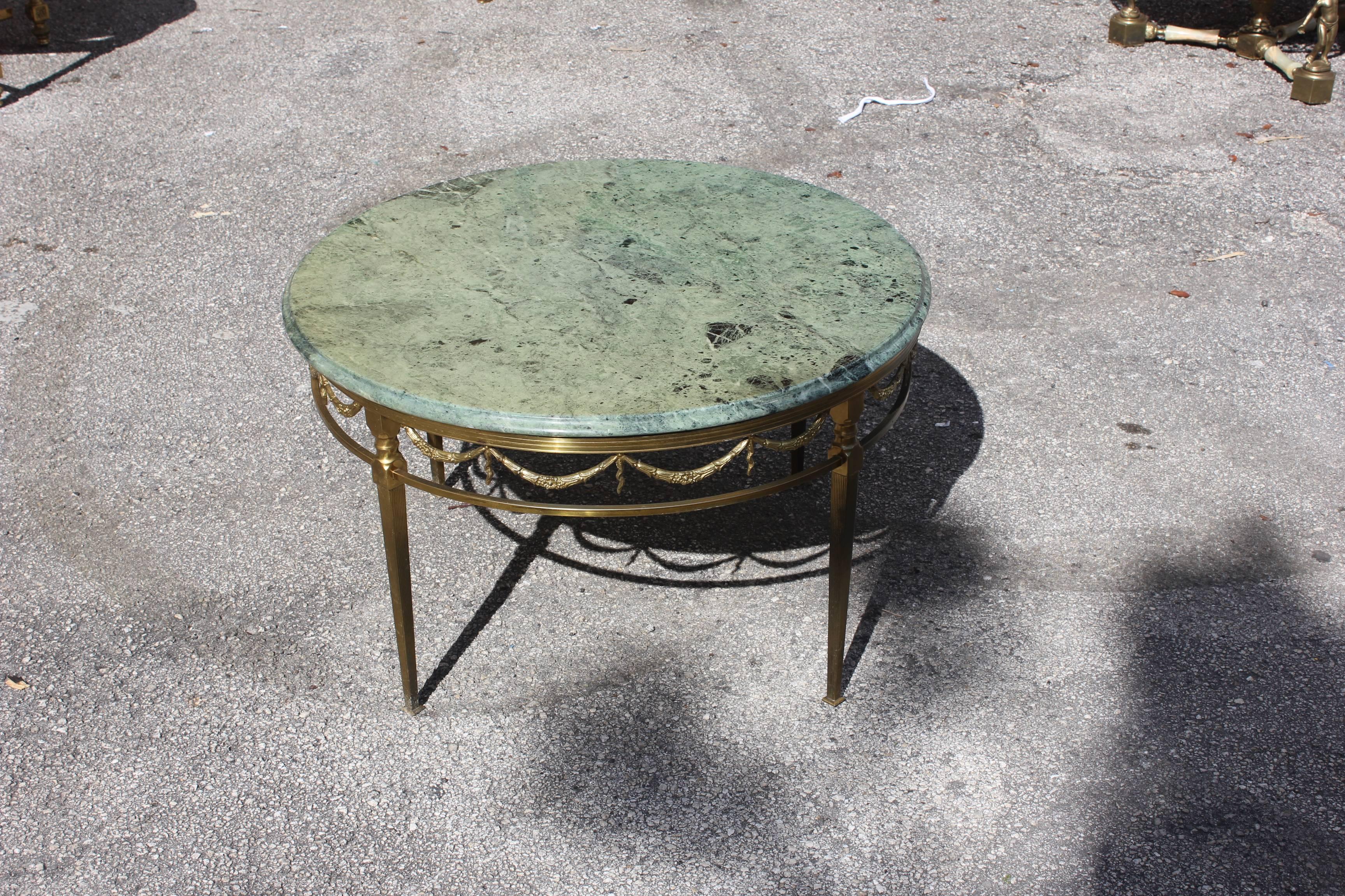 Art Deco French Maison Jansen Round Coffee Table Bronze with Marble Top, circa 1940s