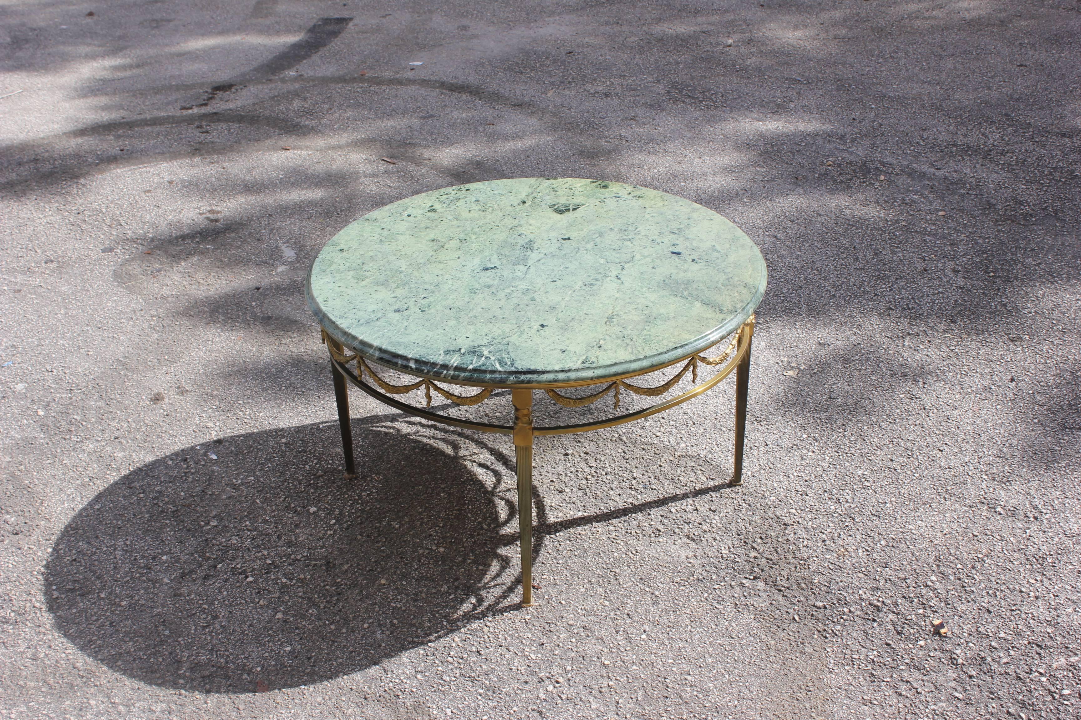 French Maison Jansen Round Coffee Table Bronze with Marble Top, circa 1940s 2