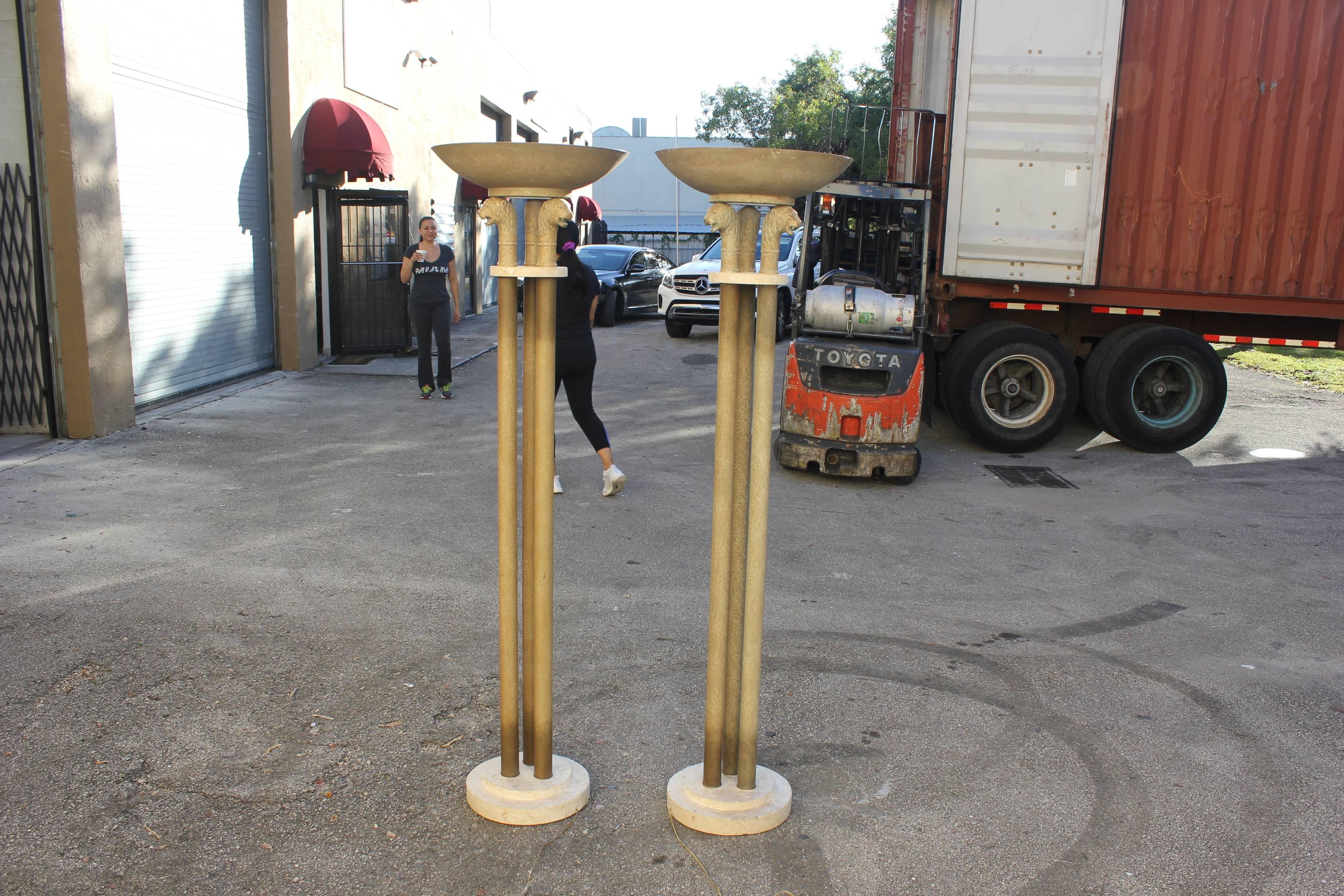 Pair of French Midcentury Bronze, Marble Base and Panther Face Lamps Floor In Excellent Condition In Hialeah, FL