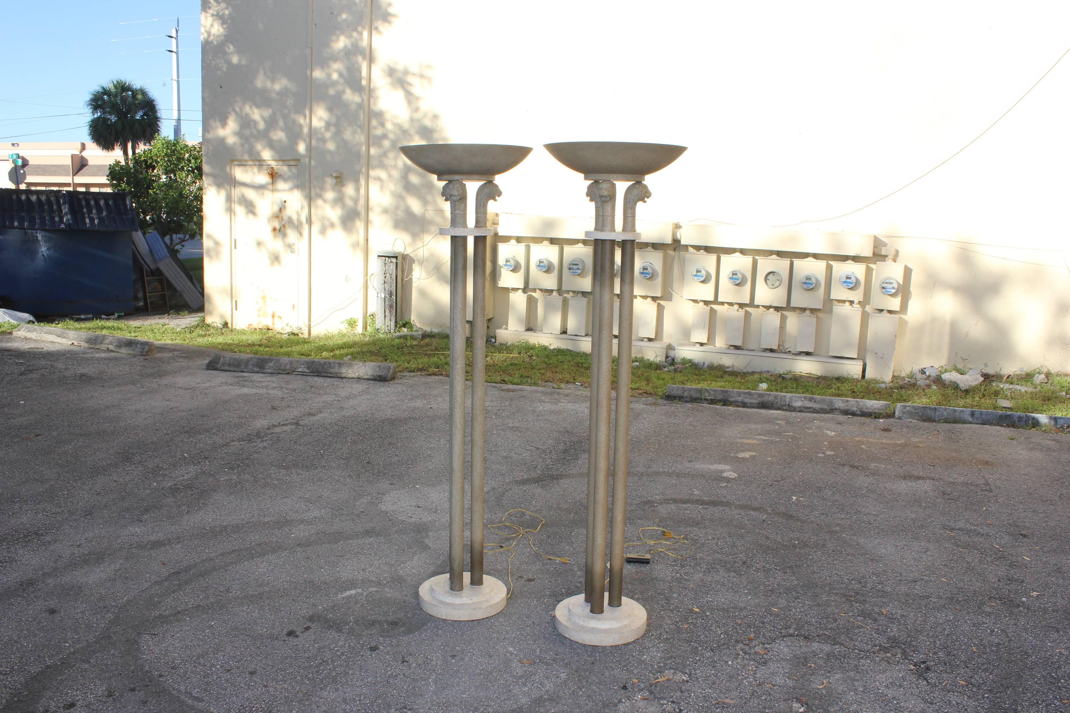 Pair of French Midcentury Bronze, Marble Base and Panther Face Lamps Floor 1