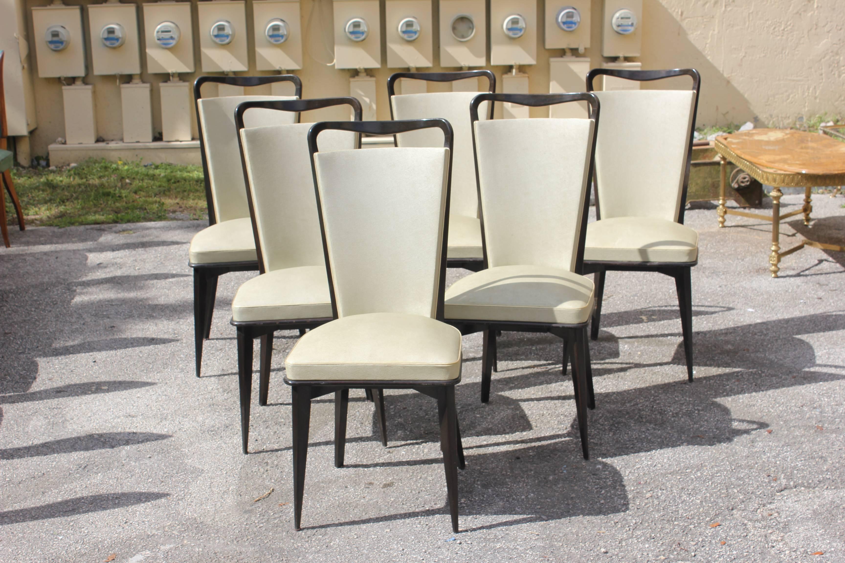 Set of Six French Art Deco Solid Macassar Ebony Dining Chairs, circa 1940s In Excellent Condition In Hialeah, FL