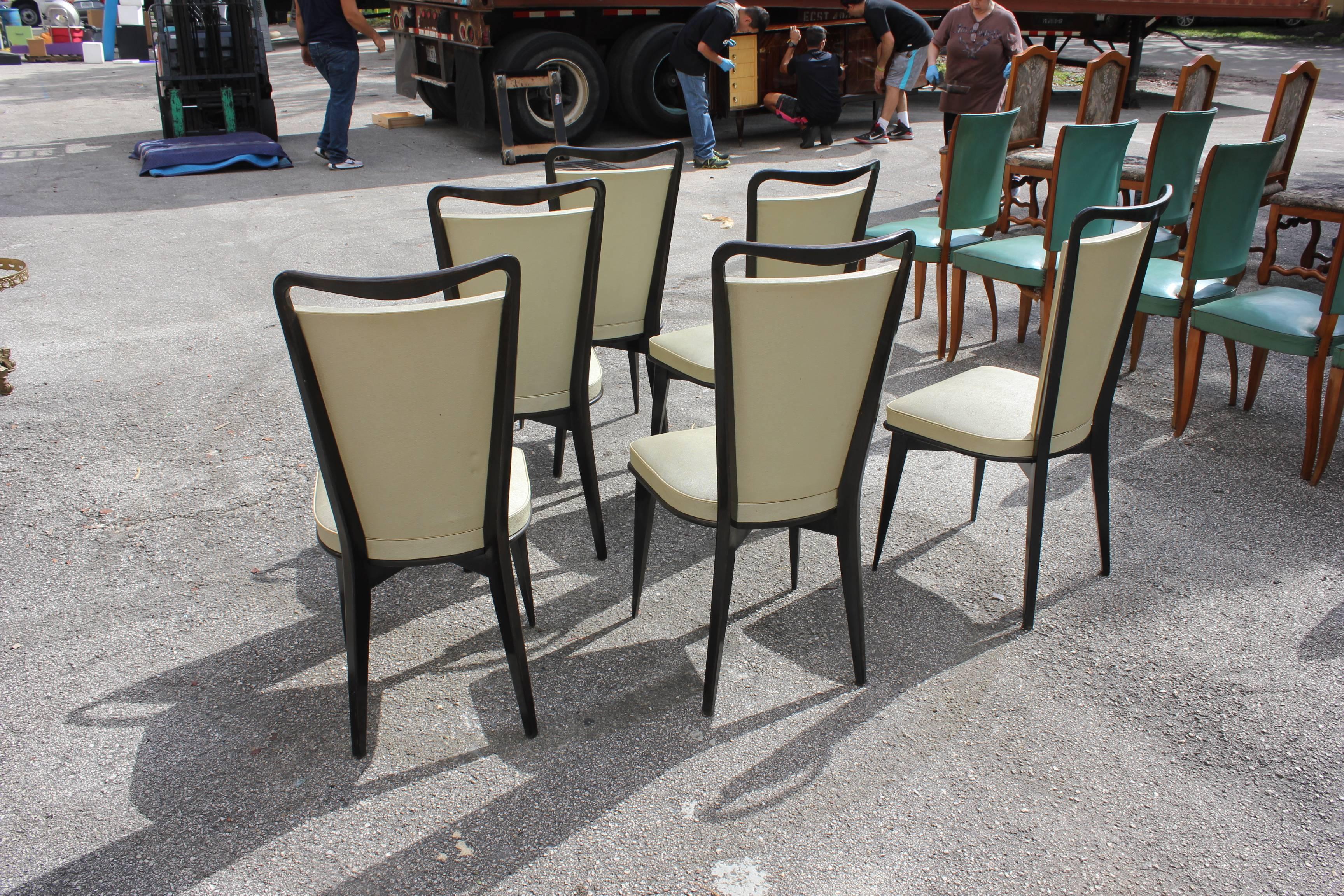 Set of Six French Art Deco Solid Macassar Ebony Dining Chairs, circa 1940s 1