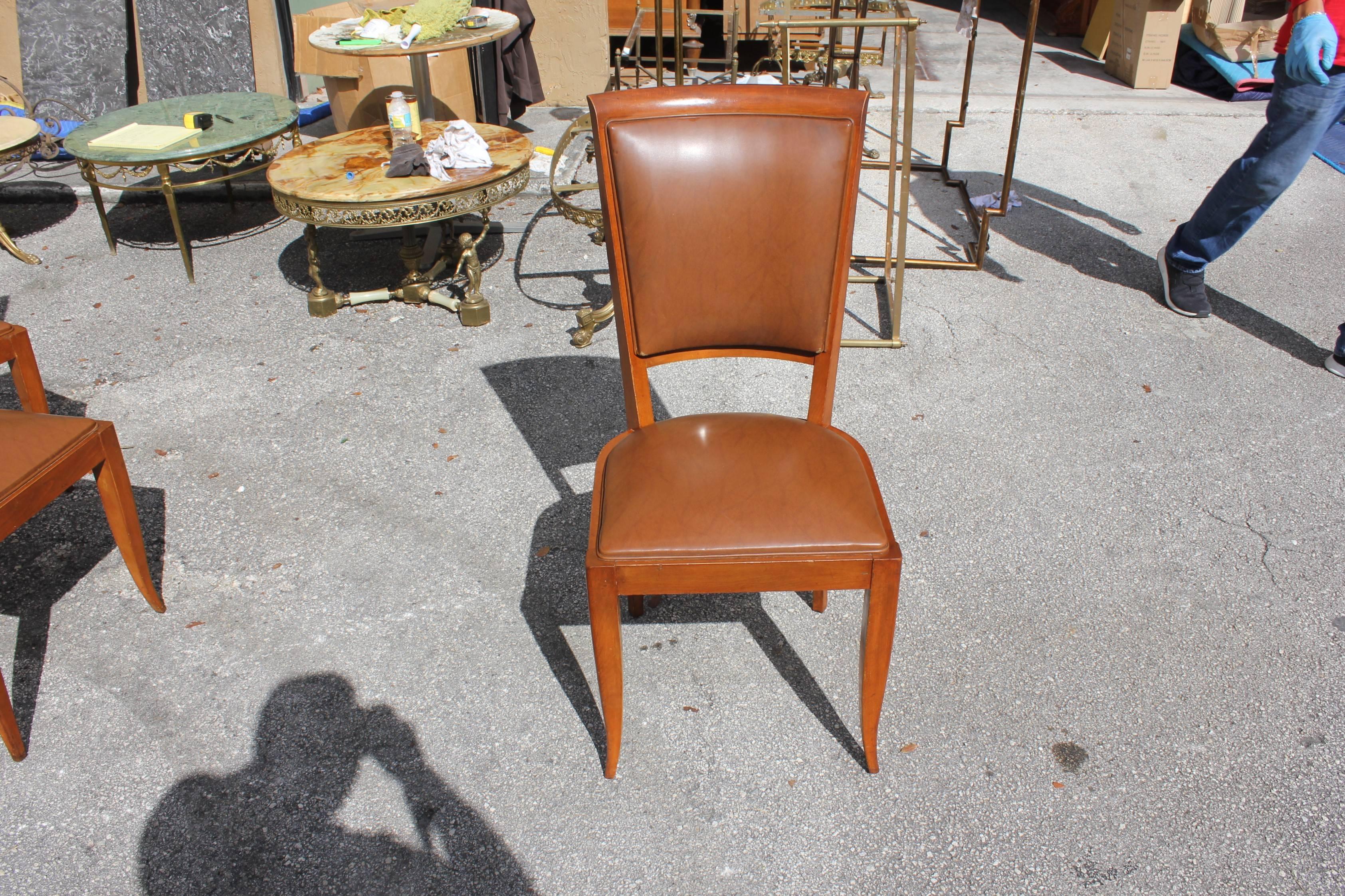 Classic Set of Seven French Art Deco Solid Mahogany Dining Chairs, circa 1940s 1