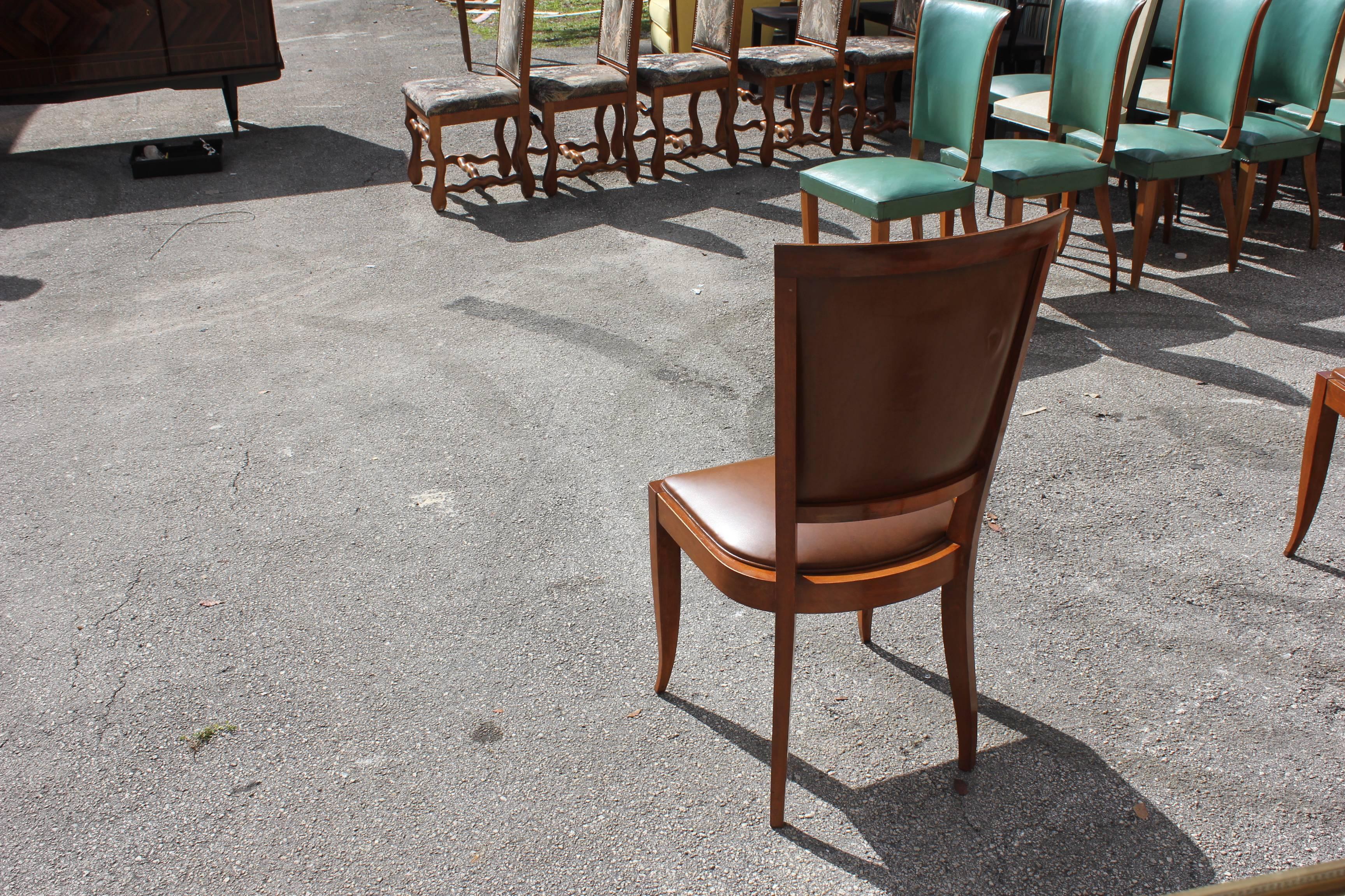 Classic Set of Seven French Art Deco Solid Mahogany Dining Chairs, circa 1940s 3