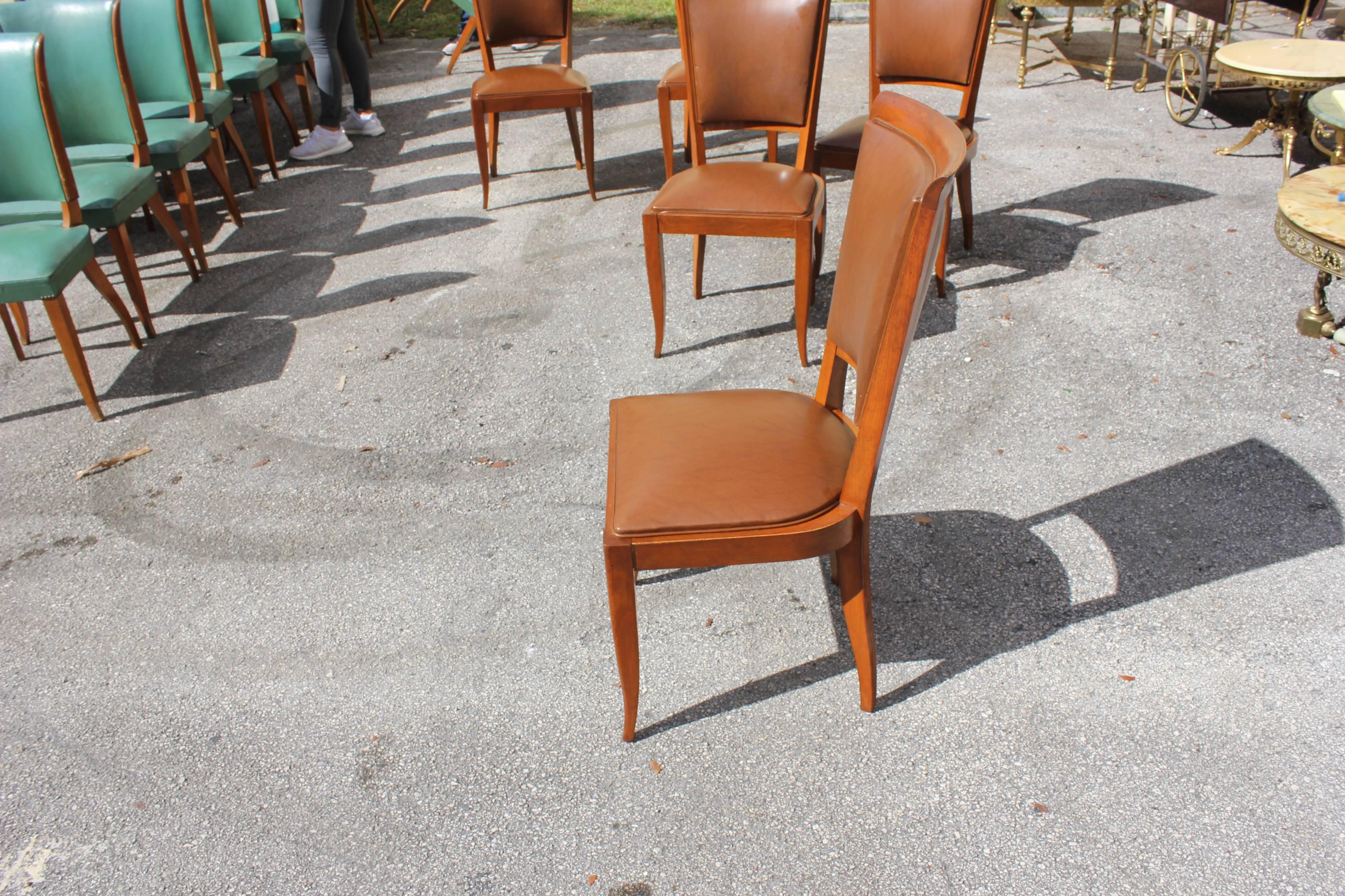 Classic Set of Seven French Art Deco Solid Mahogany Dining Chairs, circa 1940s 4