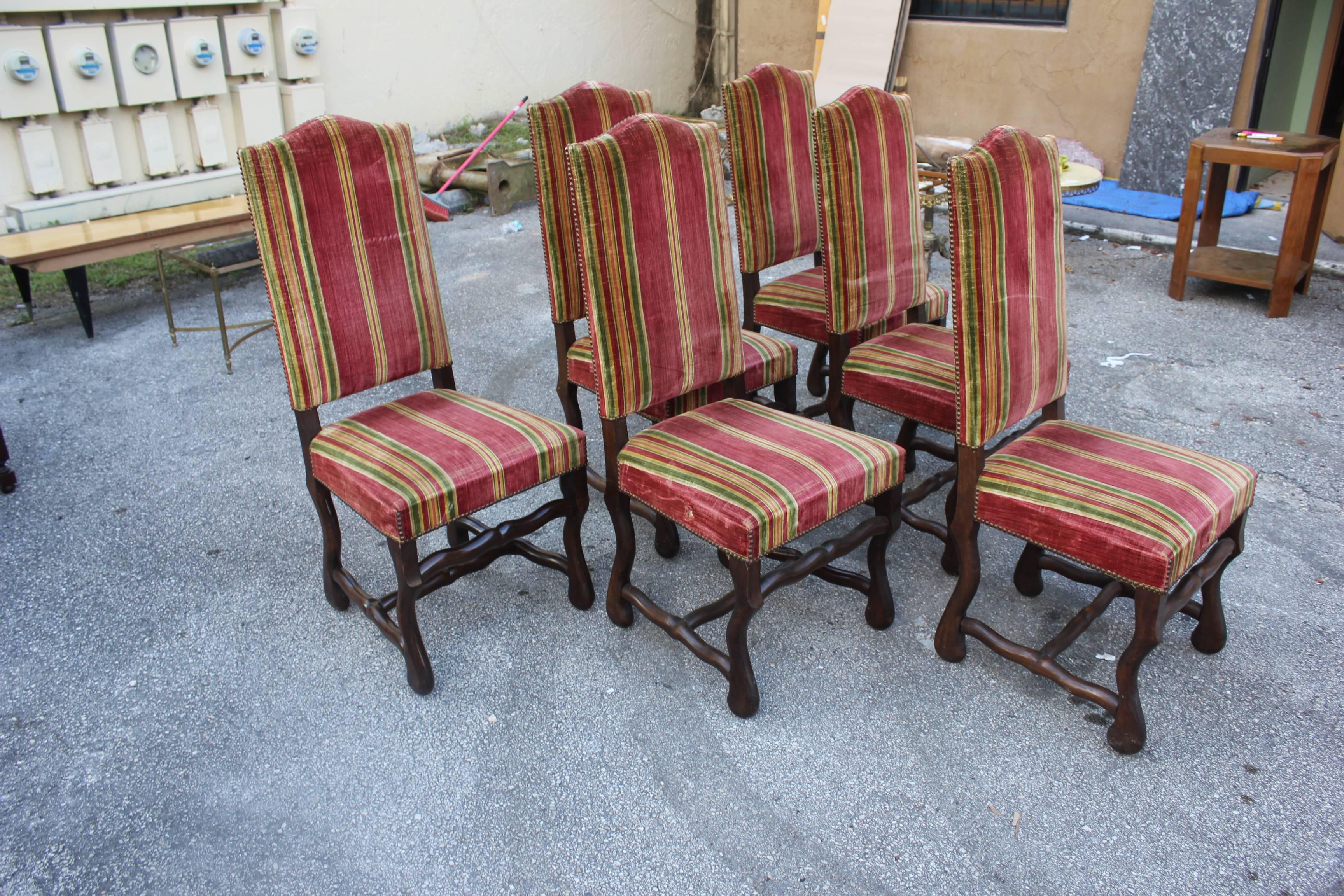 French Monumental Set of Six Louis XIII Style Walnut Os De Mouton Dining Chairs