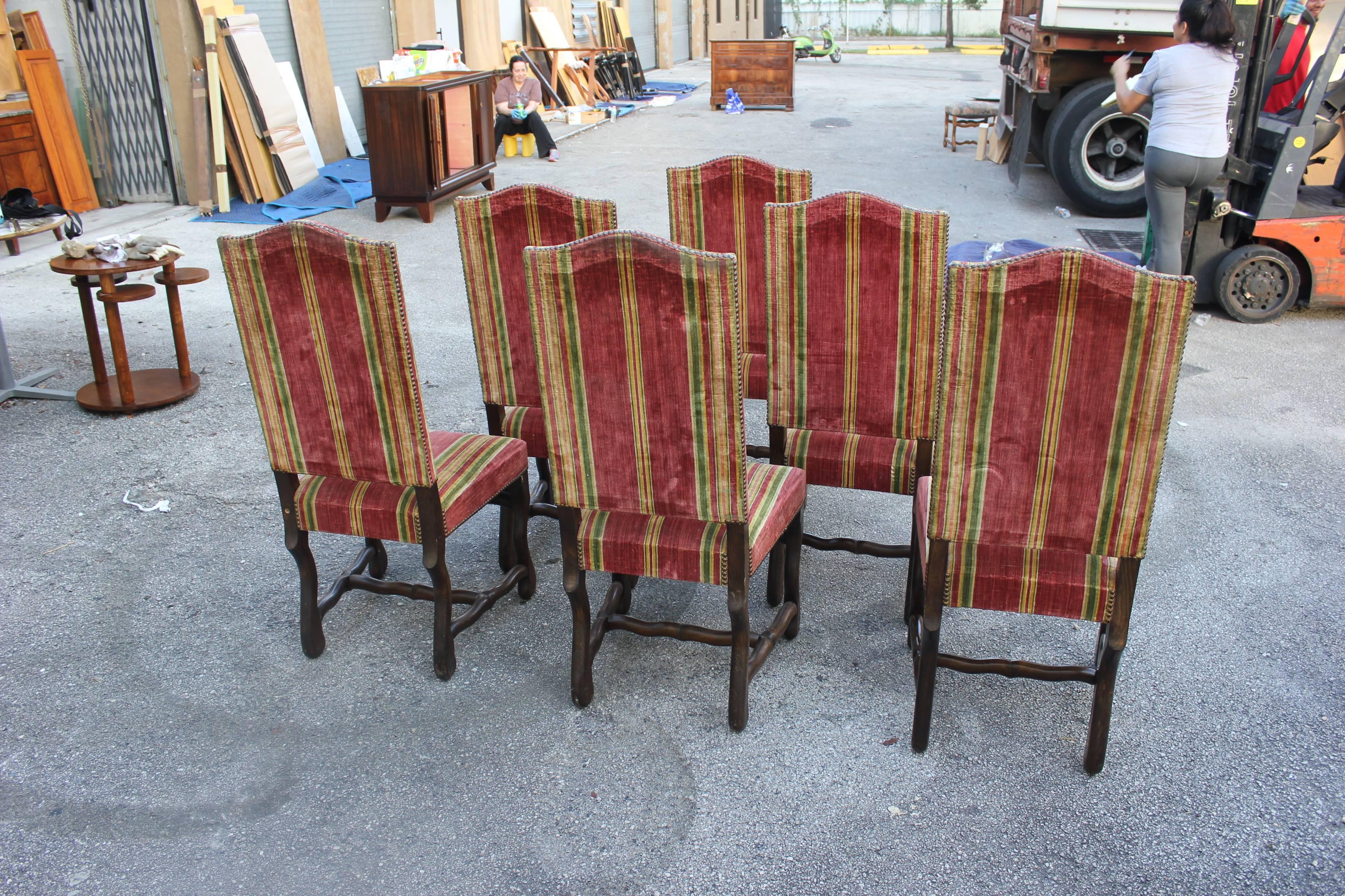 Monumental Set of Six Louis XIII Style Walnut Os De Mouton Dining Chairs In Excellent Condition In Hialeah, FL
