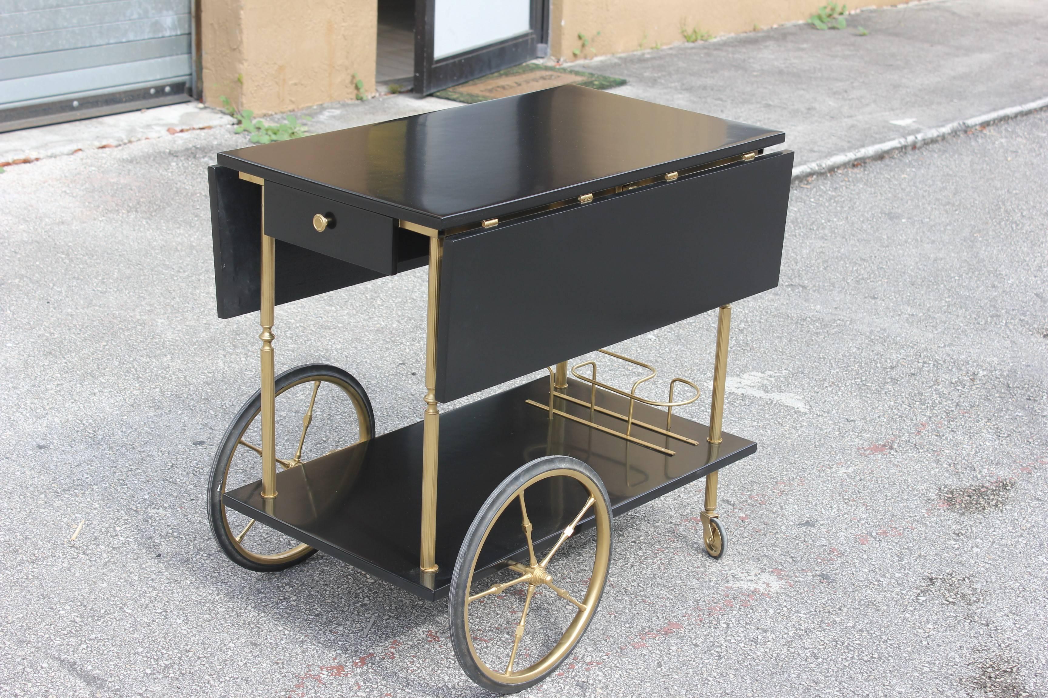Bronze Beautiful Maison Jansen Ebonized Drop-Leaf Bar Cart, circa 1940s