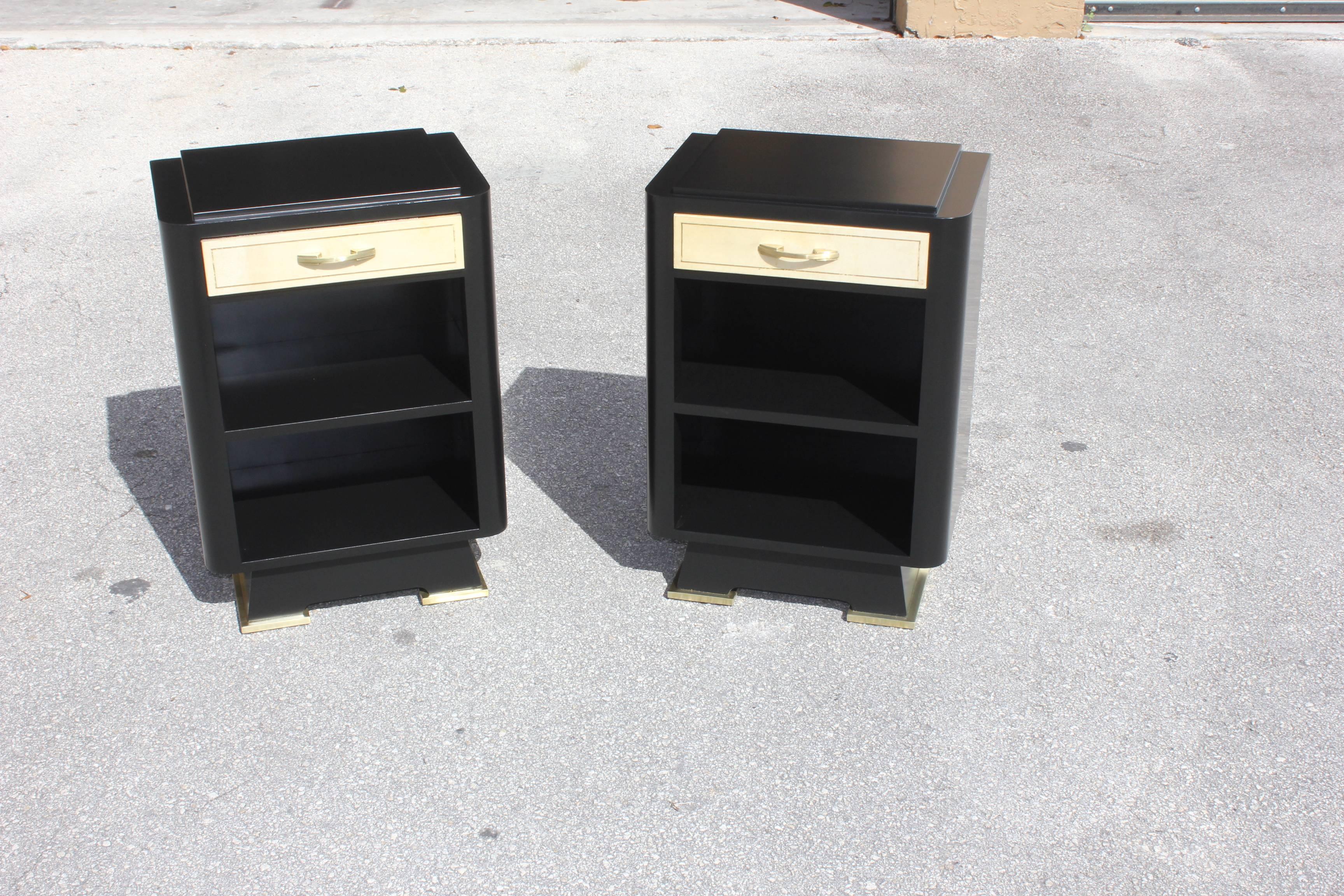 Classic Pair Of French Art Deco Parchment / Ebonized Side Table, 1940's parchment Drawer with bronze detail hardware ,beautiful Legs hardware bronze detail ,refinish inside and outside in perfect condition ,WE TRAVELED TO BUY ALL OUR PIECES IN