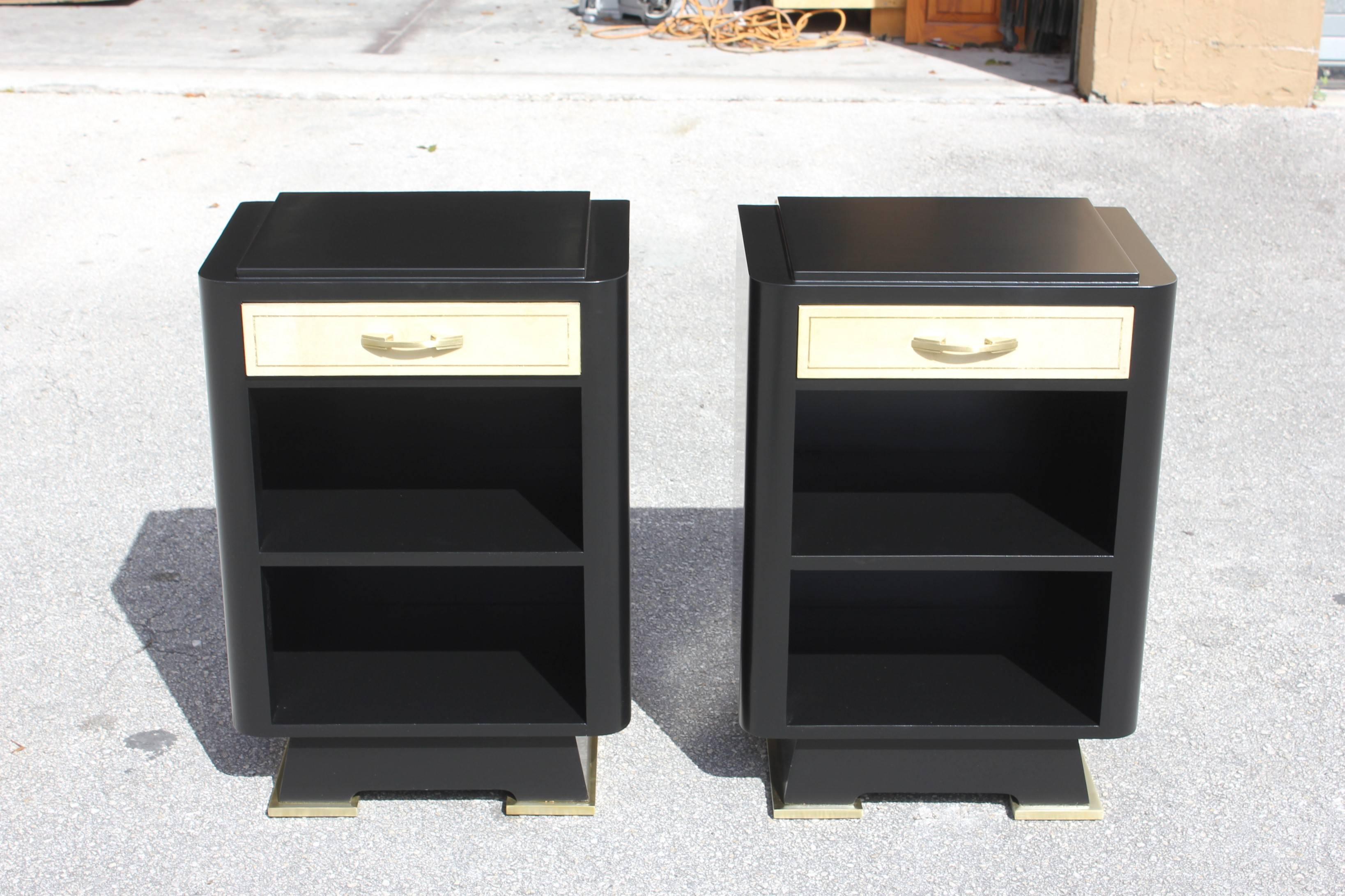 Mid-20th Century Classic Pair of French Art Deco Parchment, Ebonized Side Table, 1940s