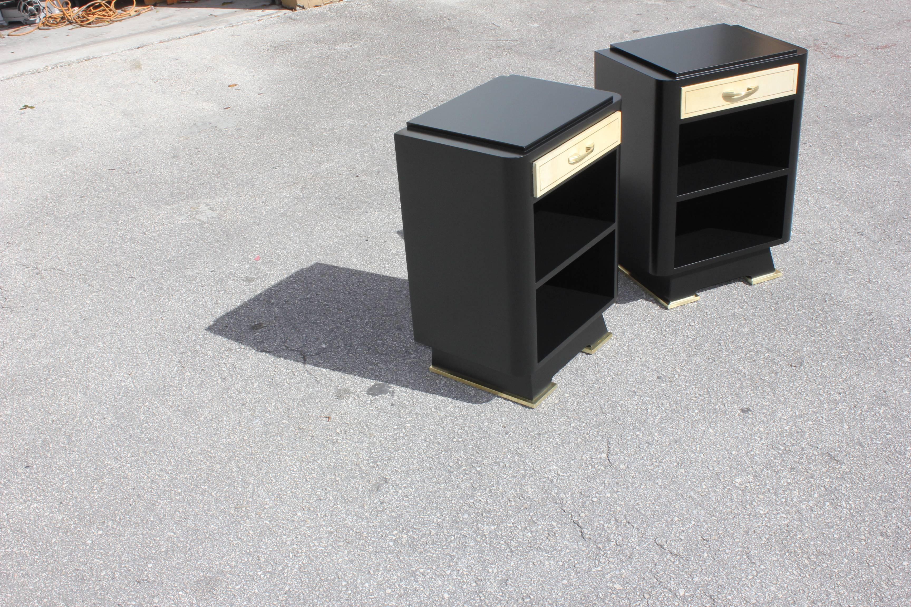 Classic Pair of French Art Deco Parchment, Ebonized Side Table, 1940s 1