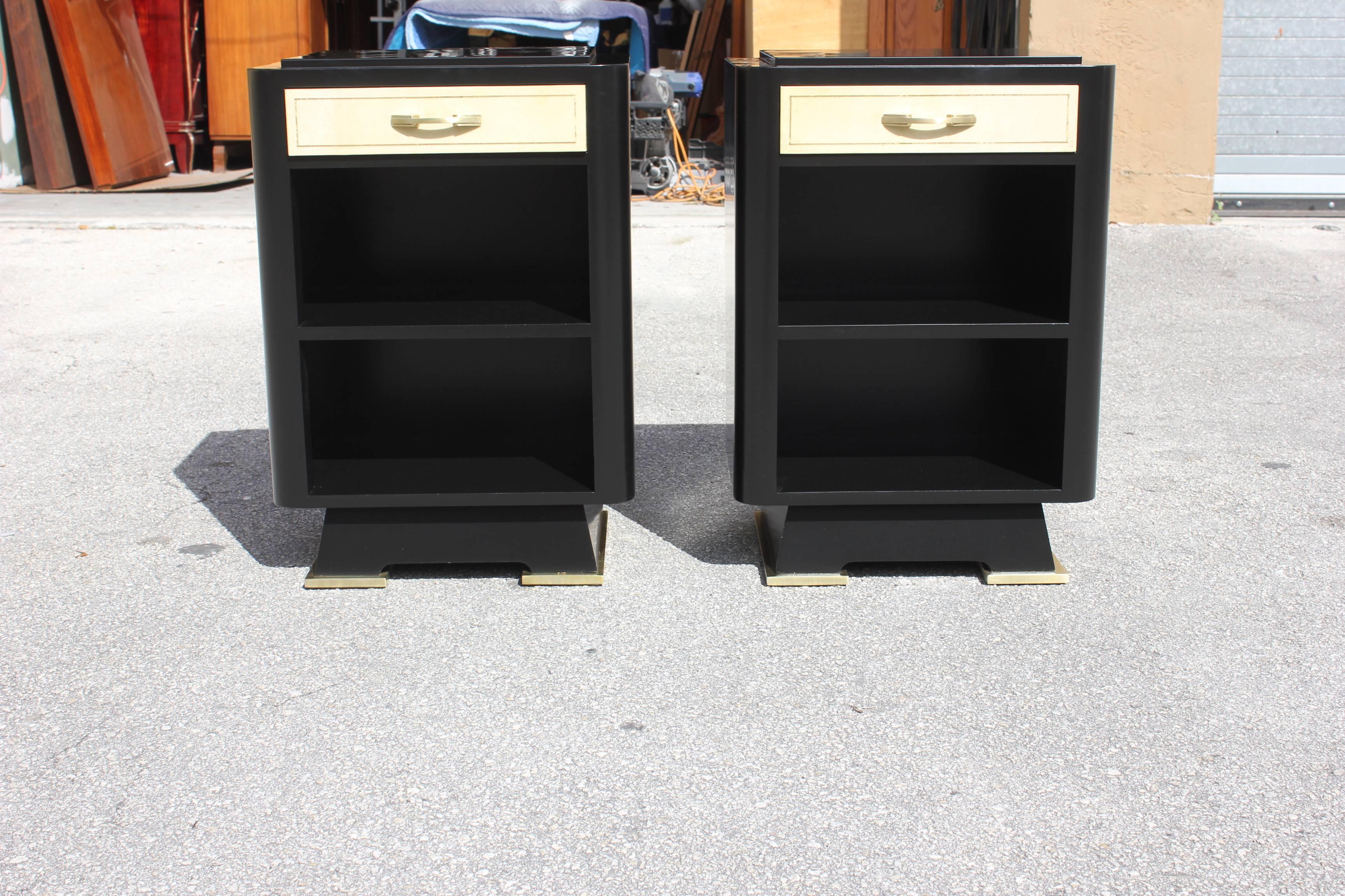 Classic Pair of French Art Deco Parchment, Ebonized Side Table, 1940s 2