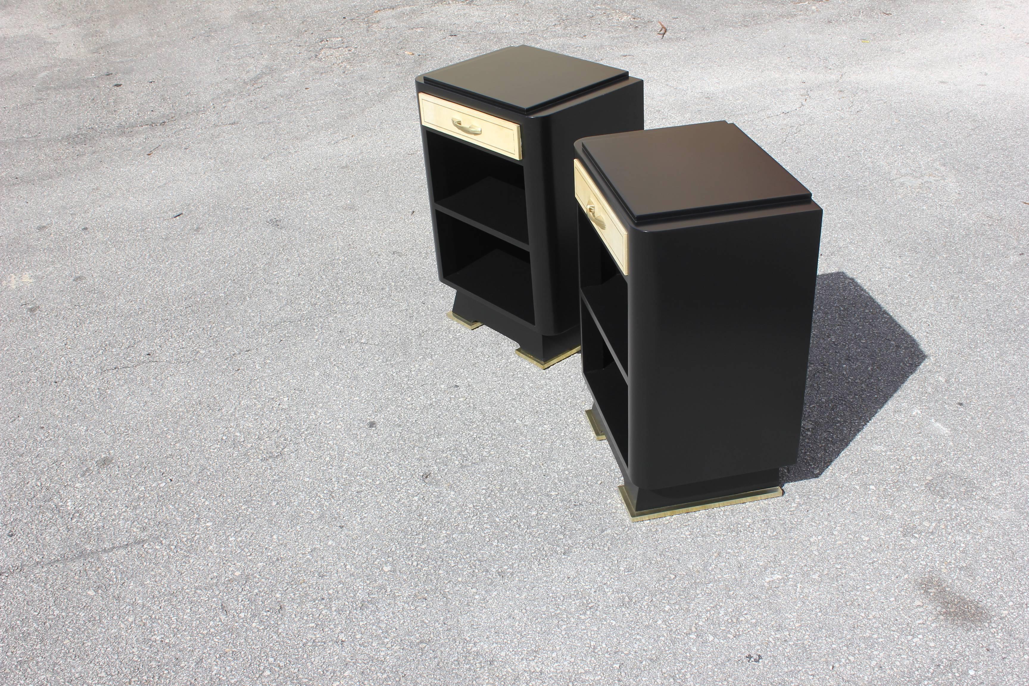 Classic Pair of French Art Deco Parchment, Ebonized Side Table, 1940s 3