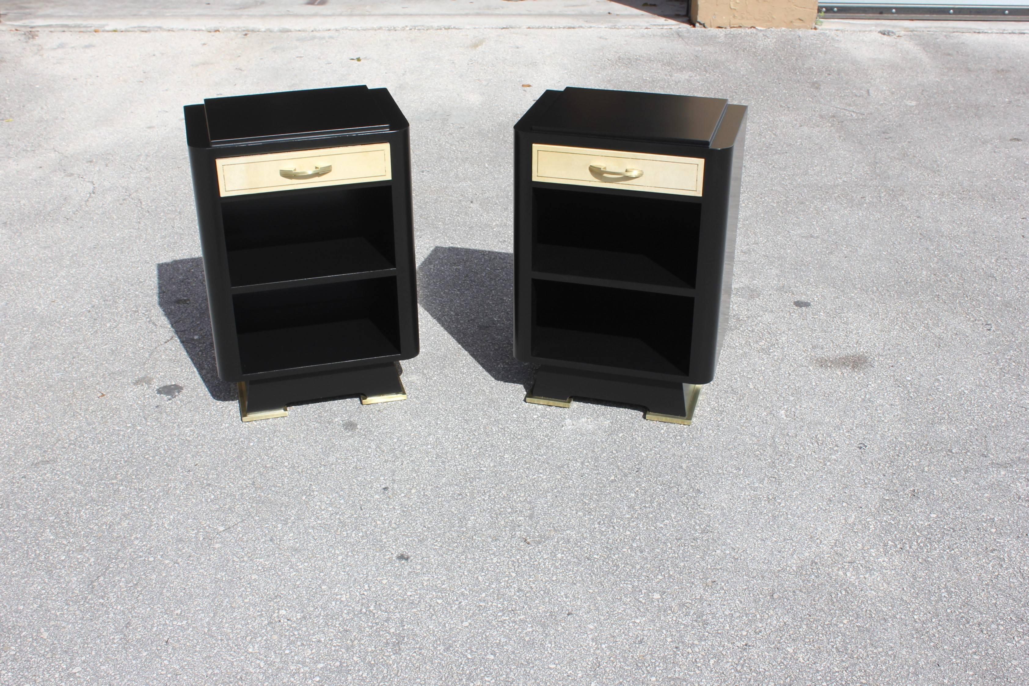 Classic Pair of French Art Deco Parchment, Ebonized Side Table, 1940s 4