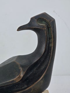 Signed Bradley Modernist Bronze Bird Sculpture Travertine Base 1967