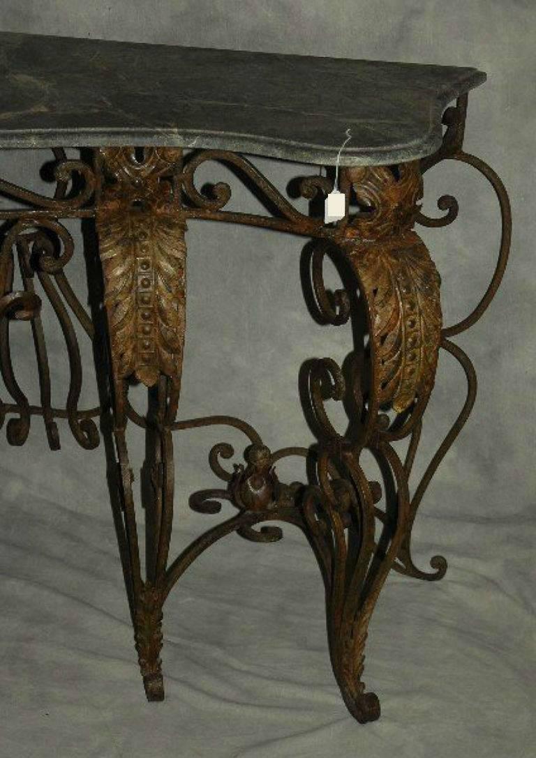 Rococo French Wrought Iron and Verde Marble Top Console Table
