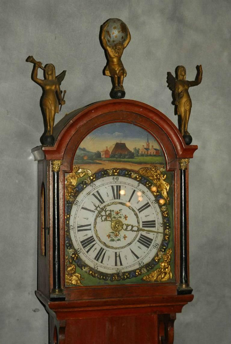 18th c Dutch mahogany and painted hanging wall clock H: 56